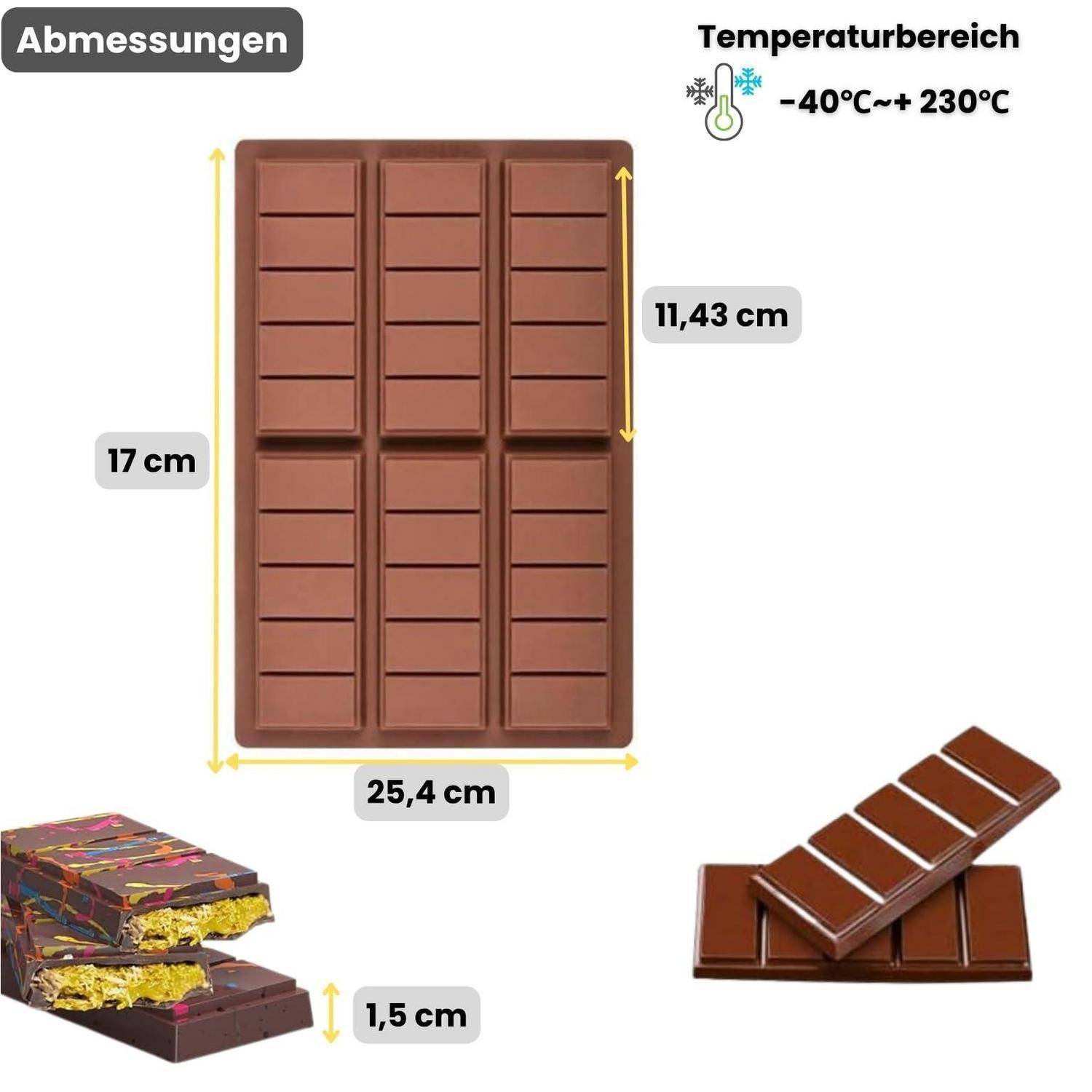 Produktabmessungsdiagramm einer schokoladenriegelförmigen Form: 25,4 cm breit, 17 cm hoch, 1,5 cm tief, mit einem Temperaturbereich von -40°C bis +230°C.