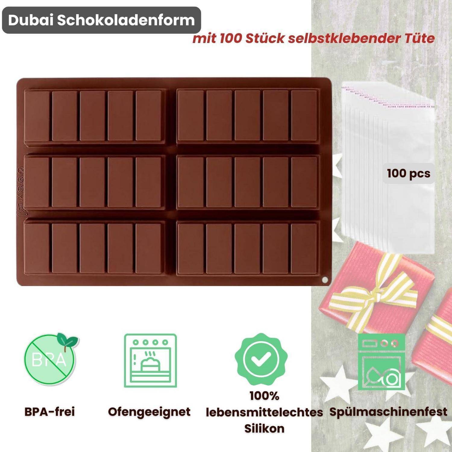 Braune Schokoladenform mit 12 Fächern und 100 selbstklebenden Beuteln; Symbole zeigen BPA-frei, backofenfest, lebensmittelgerechtes Silikon und spülmaschinenfest.