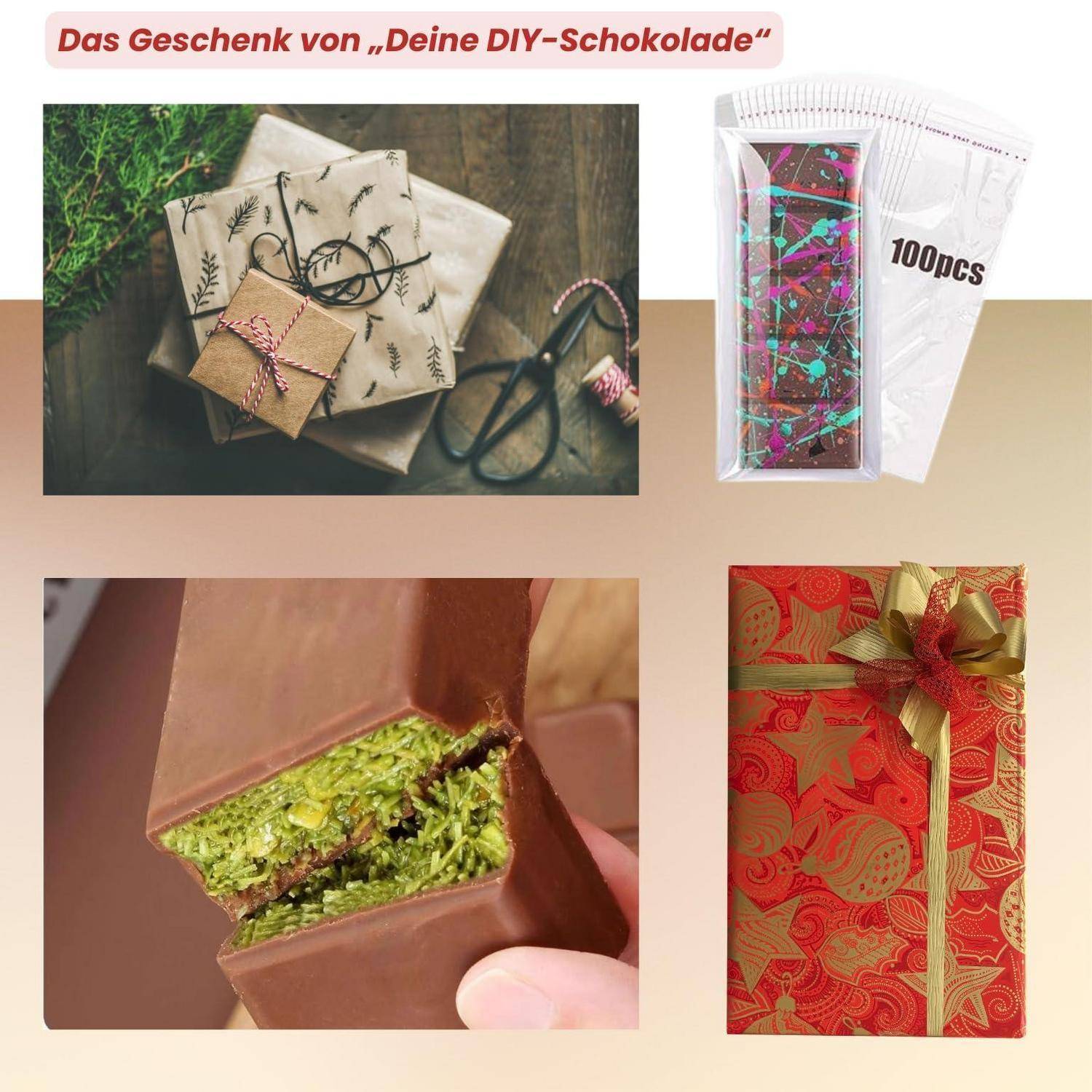 Collage eines DIY-Schokoladengeschenks: verpackte Geschenke, Verpackungshüllen mit der Beschriftung „100er", eine Nahaufnahme von grüngefüllter Schokolade und eine dekorierte rote Geschenkbox.