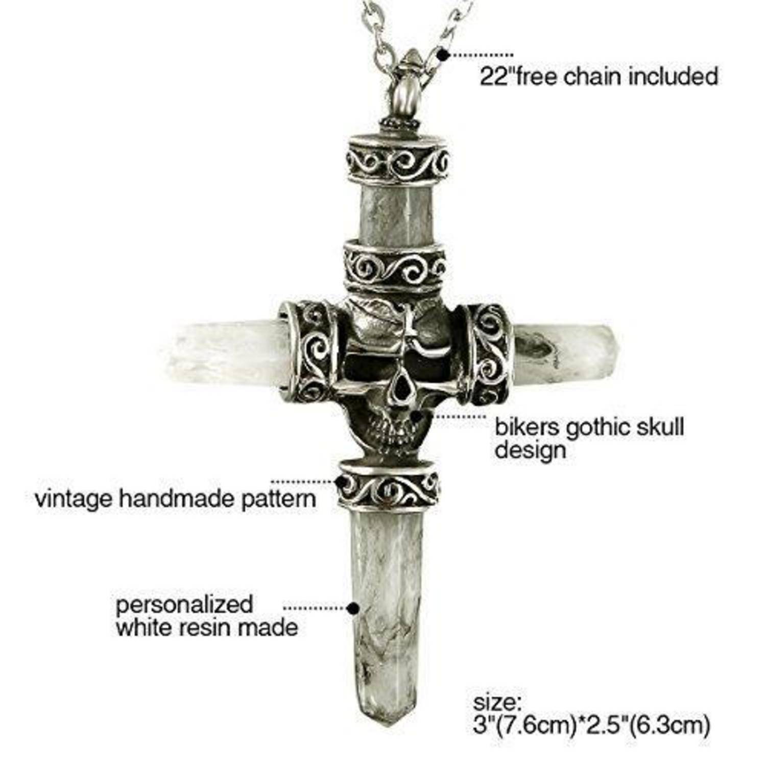 Biker Gothic Schädel Anhänger Kreuz mit weißem Harz, gekennzeichnet als Vintage Handarbeit, personalisiert, Größe 3 x 2,5 Zoll, mit 22-Zoll-Kette im Lieferumfang enthalten.