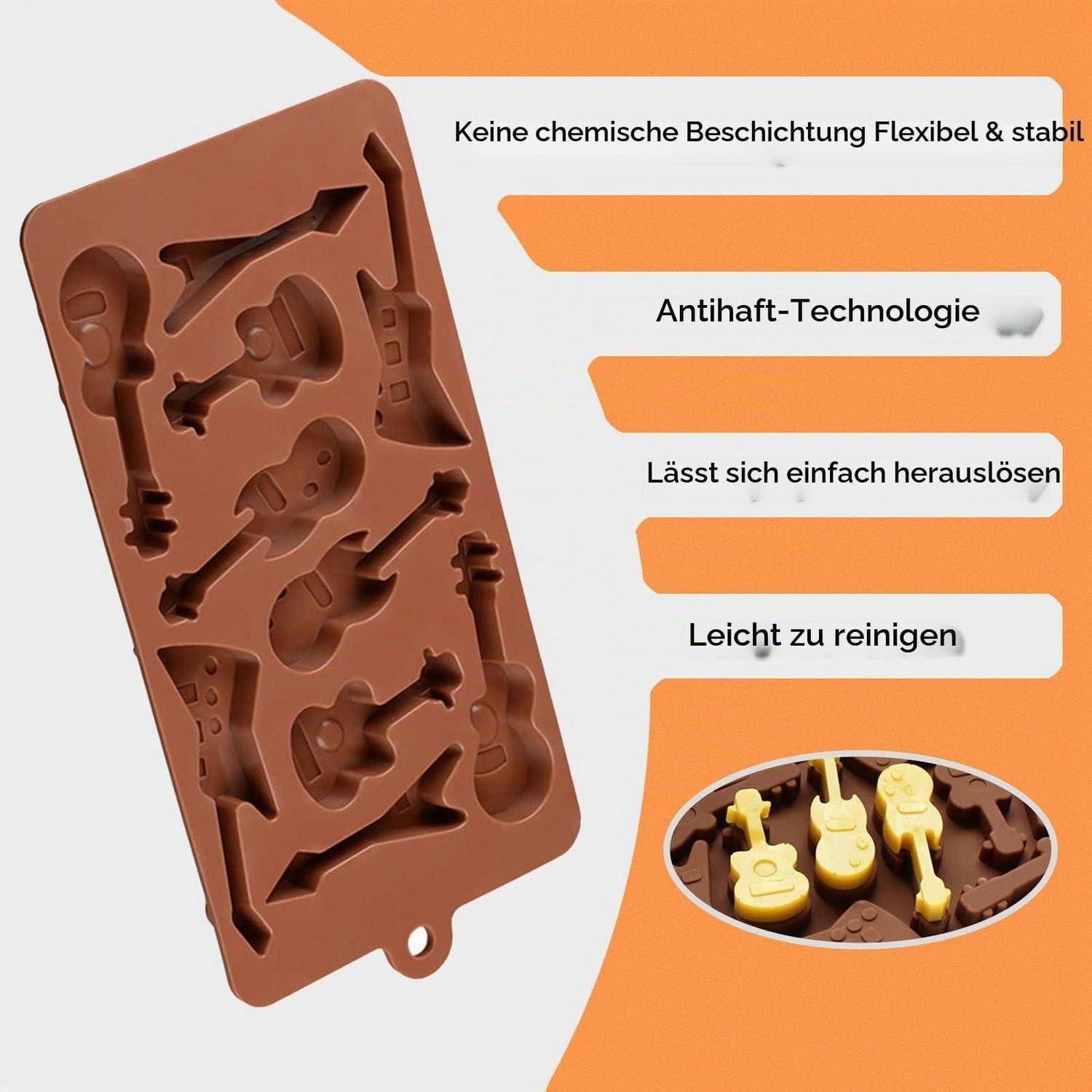 Braune gitarrenförmige Silikonform mit deutschem Text, der die Eigenschaften antihaftend, flexibel, leicht zu entformen und leicht zu reinigen bewirbt; die Einleitung zeigt fertige Gitarren-Bonbons oder Schokoladen.