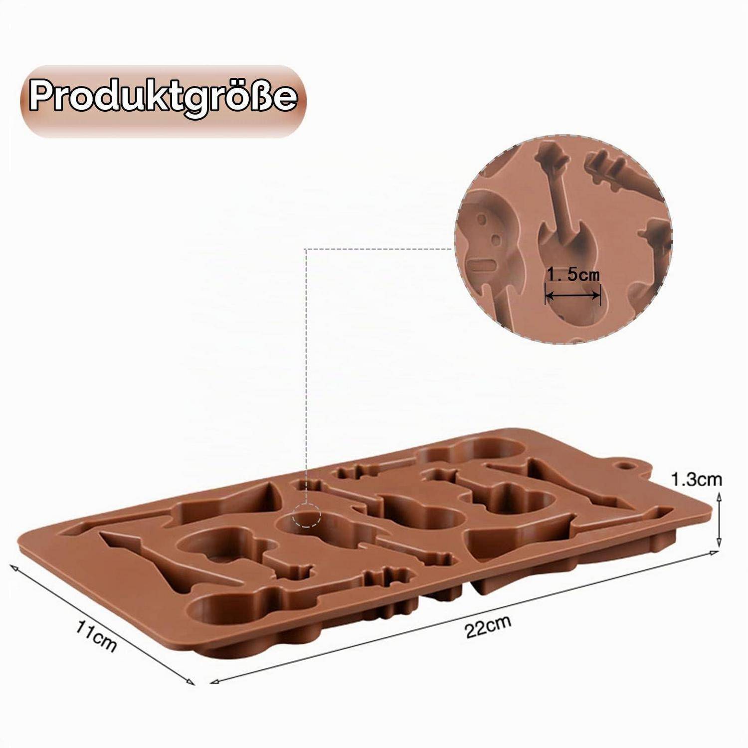 Diagramm zeigt eine braune Form mit der Bezeichnung „Produktgröße" mit den Abmessungen 22 cm lang, 11 cm breit, 1,3 cm hoch, und eine Detailansicht, die eine Kavitätsgröße von 1,5 cm zeigt.