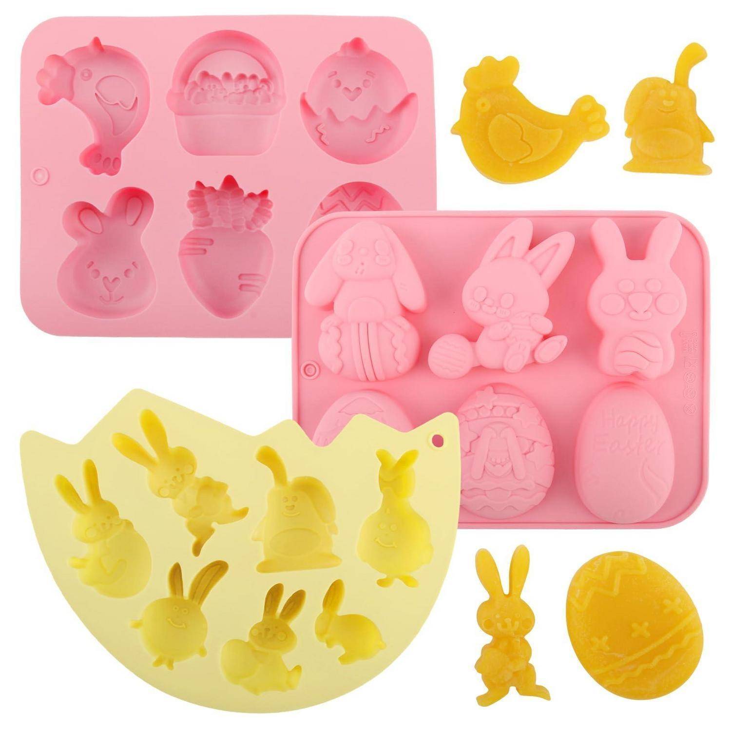 Satz aus Pastellsilikonformen für Osterdekorationen, geformt wie Hasen, Küken, Eier, Karotten und Körbe.