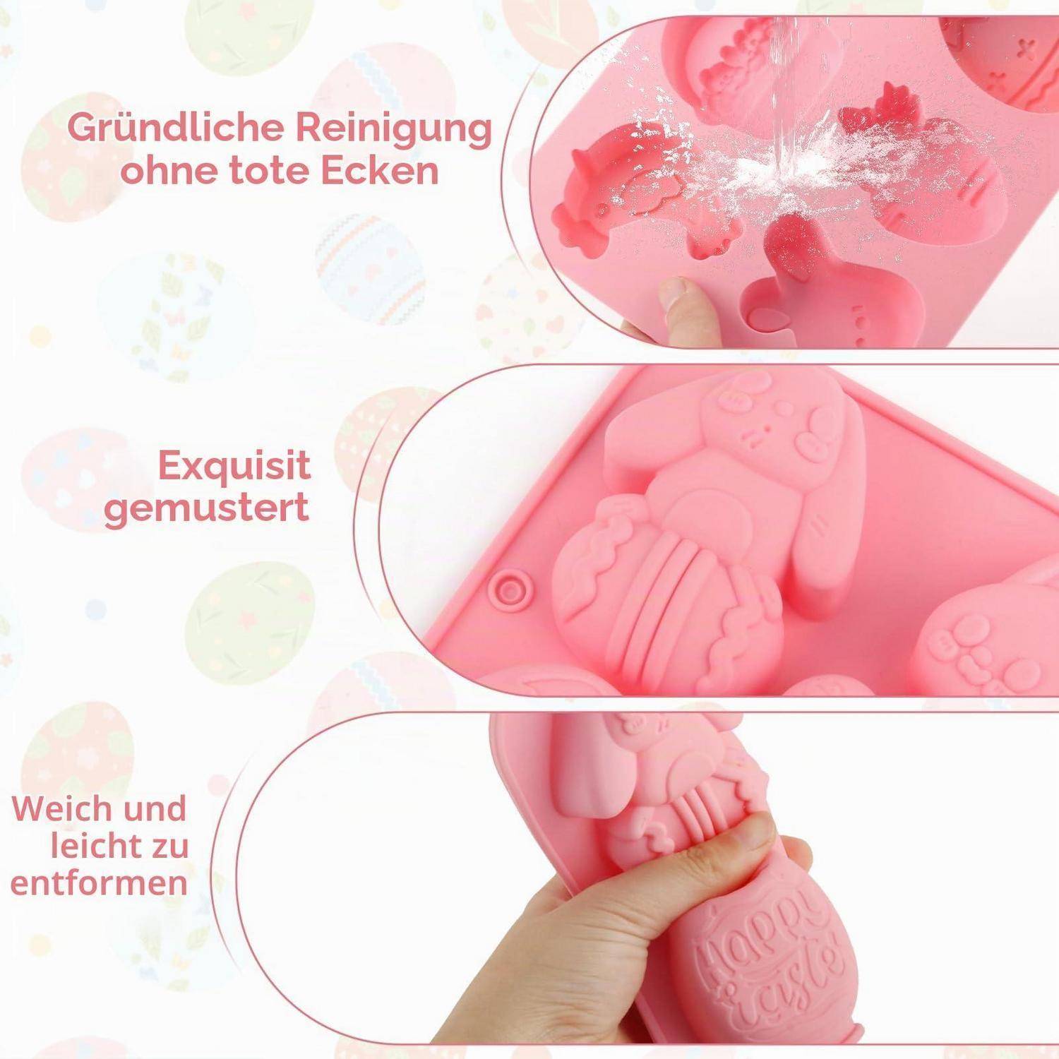 Rosa Silikonform mit geprägten Mustern, die gedrückt wird, um Seife freizusetzen, zeigt einfache Reinigung und flexible Formbarkeit; deutsche Untertitel heben gründliche Reinigung, detaillierte Musterung und einfaches Entformen hervor.