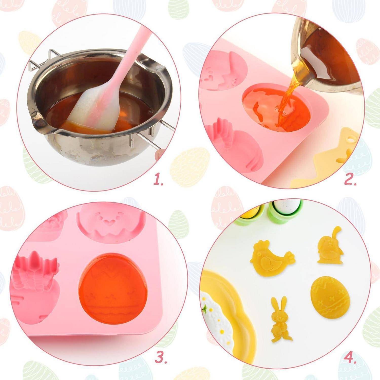 Vierschrittiges Tutorial zum Gießen von geschmolzener Süßware oder Gelatine in Silikonformen, dann Aushärten zu bunten osterförmigen Leckereien.