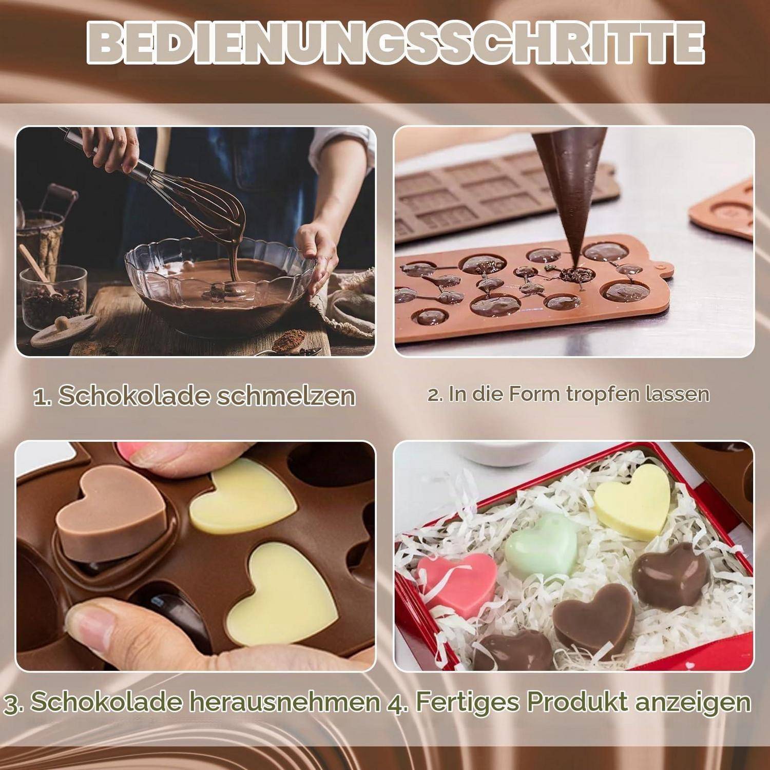 Anleitung zur deutschen Schokoladenherstellung: Schokolade schmelzen, in herzförmige Formen spritzen, Stücke herausnehmen und die fertigen Pralinen in einer Geschenkbox präsentieren.