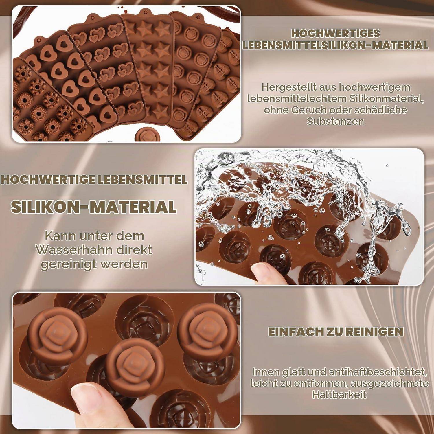 Infografik einer braunen lebensmittelechten Silikonform, die hochwertiges Material, einfaches Ausspülen unter fließendem Wasser, rutschfreies Inneres und Langlebigkeit hervorhebt.