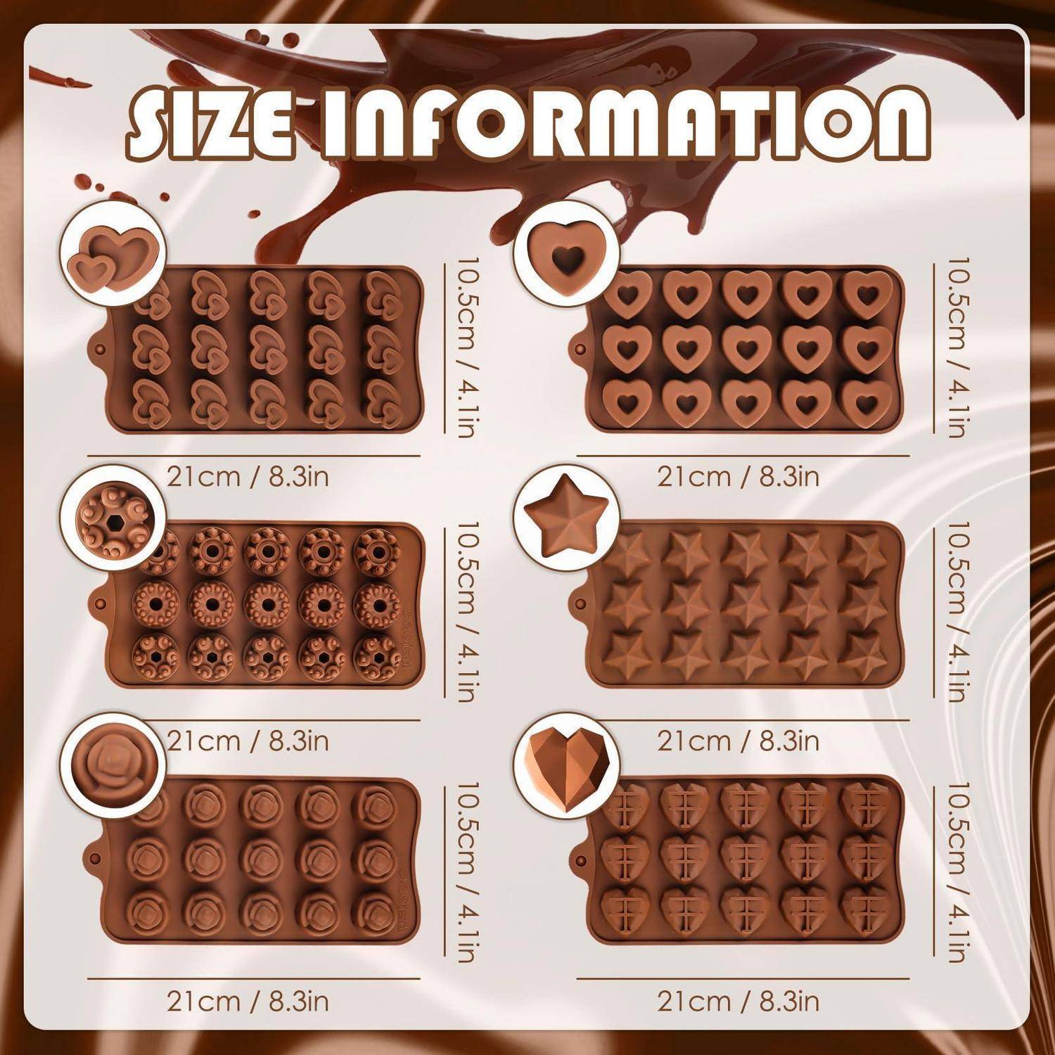 # Größeninformationen Infografik mit sechs Schokoladenstab-Formendesigns, jeweils 21 cm x 8,3 Zoll und 10,5 cm x 4,1 Zoll, mit verschiedenen herzförmigen und sternförmigen Hohlräumen.