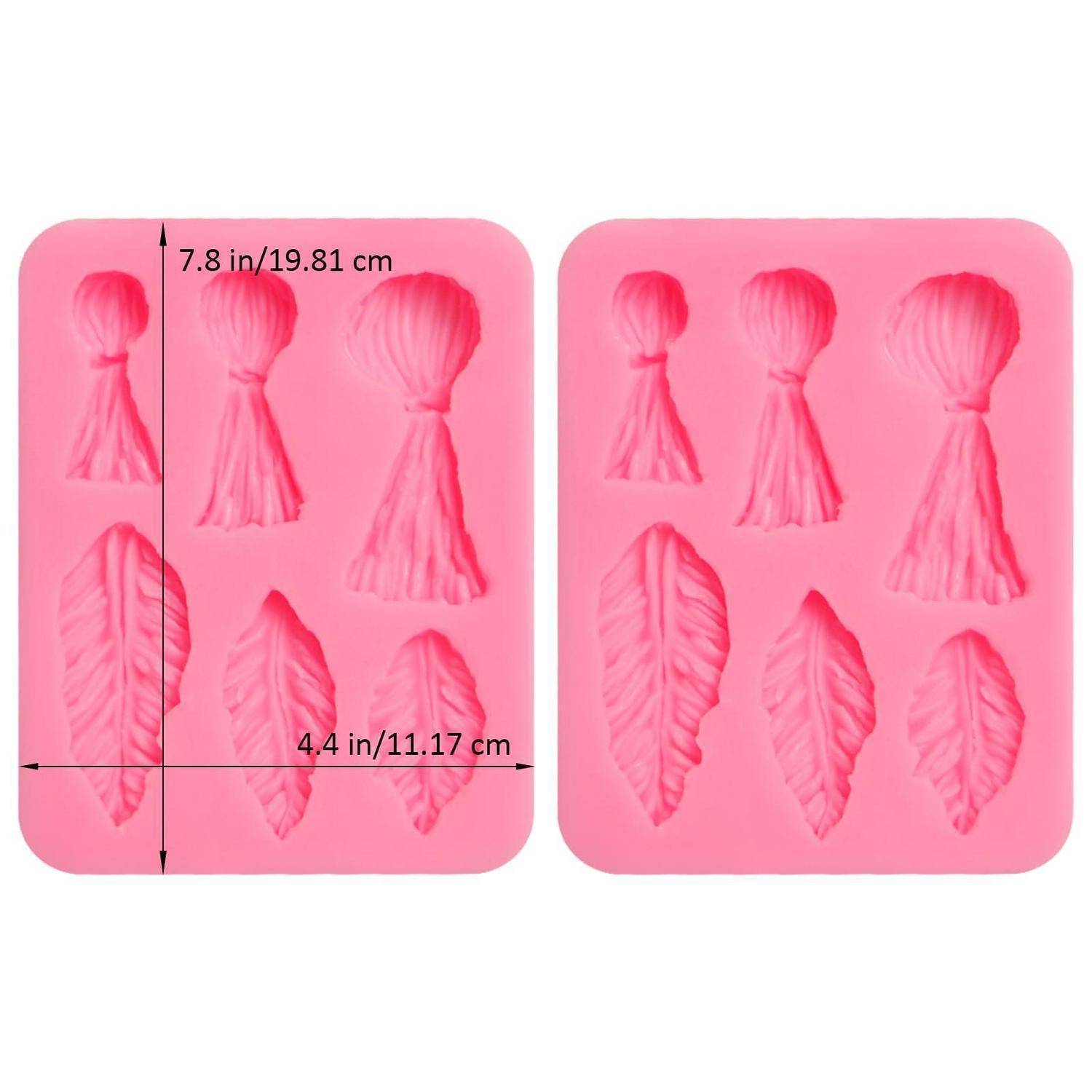 Rosa Silikonform mit sechs Quasten- und blattförmigen Mulden, gezeigt von vorne mit Abmessungen von 7,8 x 4,4 Zoll (19,81 x 11,17 cm).
