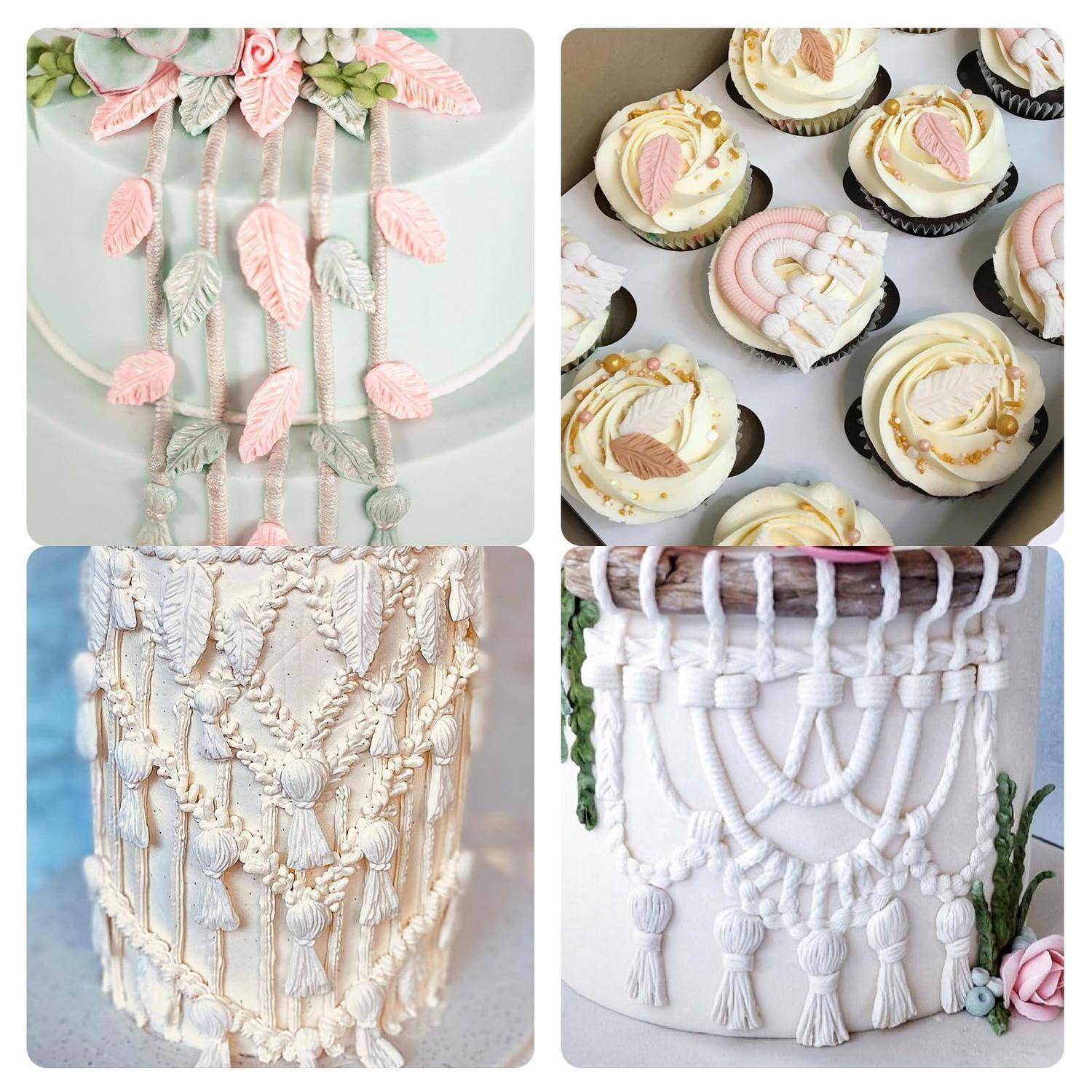 Collage aus kunstvoll gestalteten Desserts: Pastellfarbener Kuchen mit Blattdekoration, glasierte Cupcakes und zwei weiße Makramee-Stil-Kuchen mit Quasten und strukturiertem Zuckerguss.