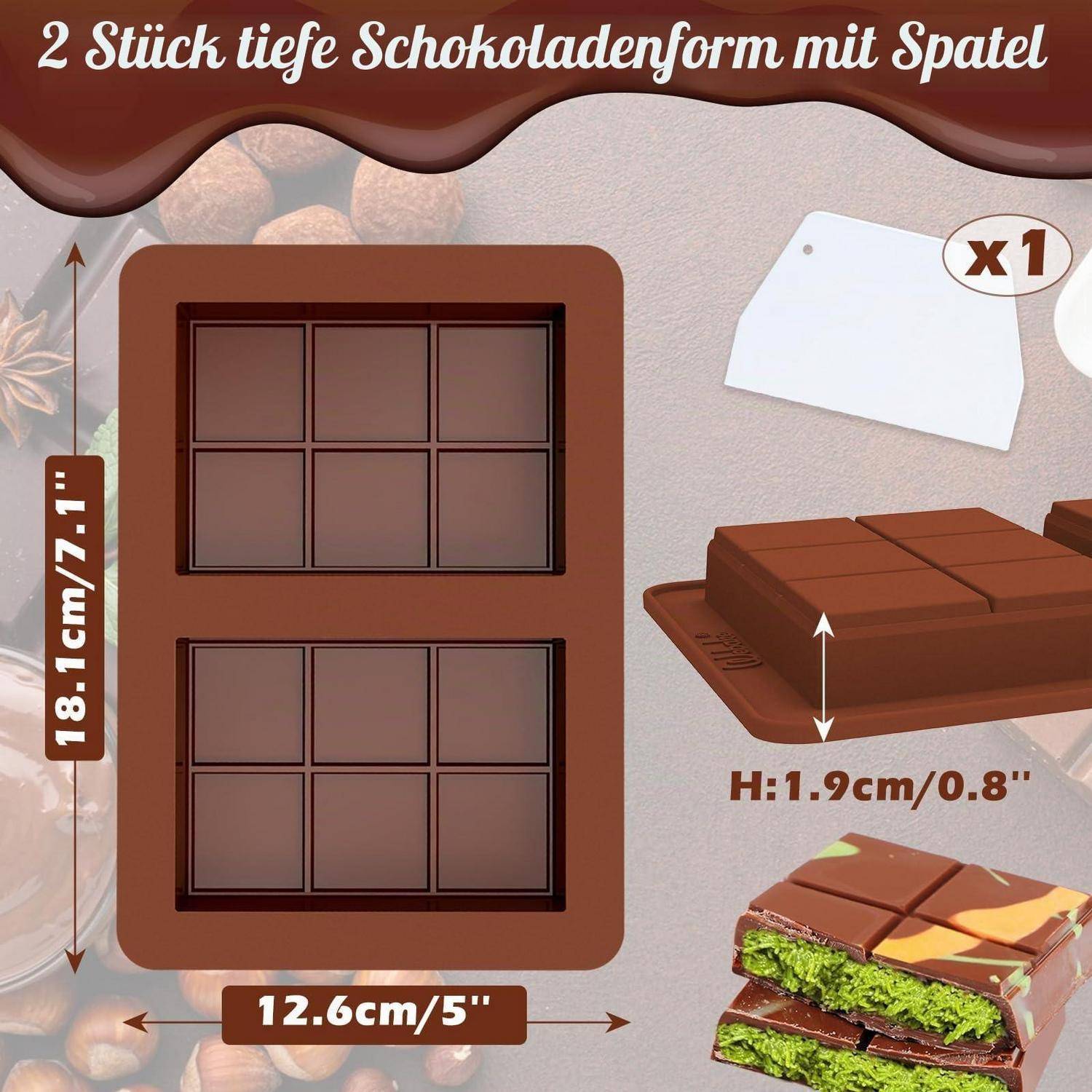 Illustration einer Schokoladenform für 2 tiefe Schokoladentafeln mit Spatel, zeigt Abmessungen von 18,1 cm x 12,6 cm und Formtiefe von 1,9 cm.