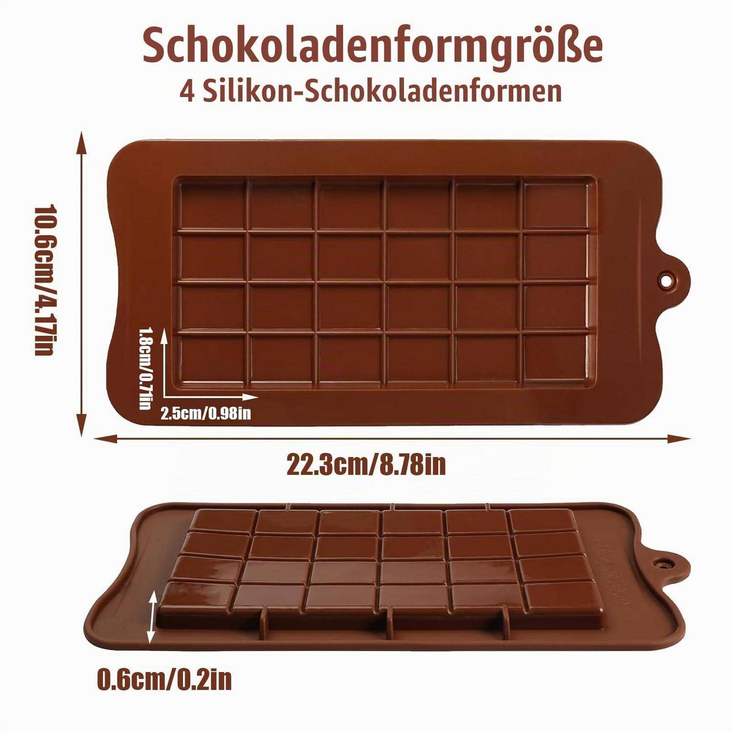Diagramm einer Schokoladenform mit 4 Silikonformen, mit den Gesamtabmessungen von 22,3 x 10,6 cm, Hohlraum 18 x 7 cm und Tiefe von 0,6 cm.