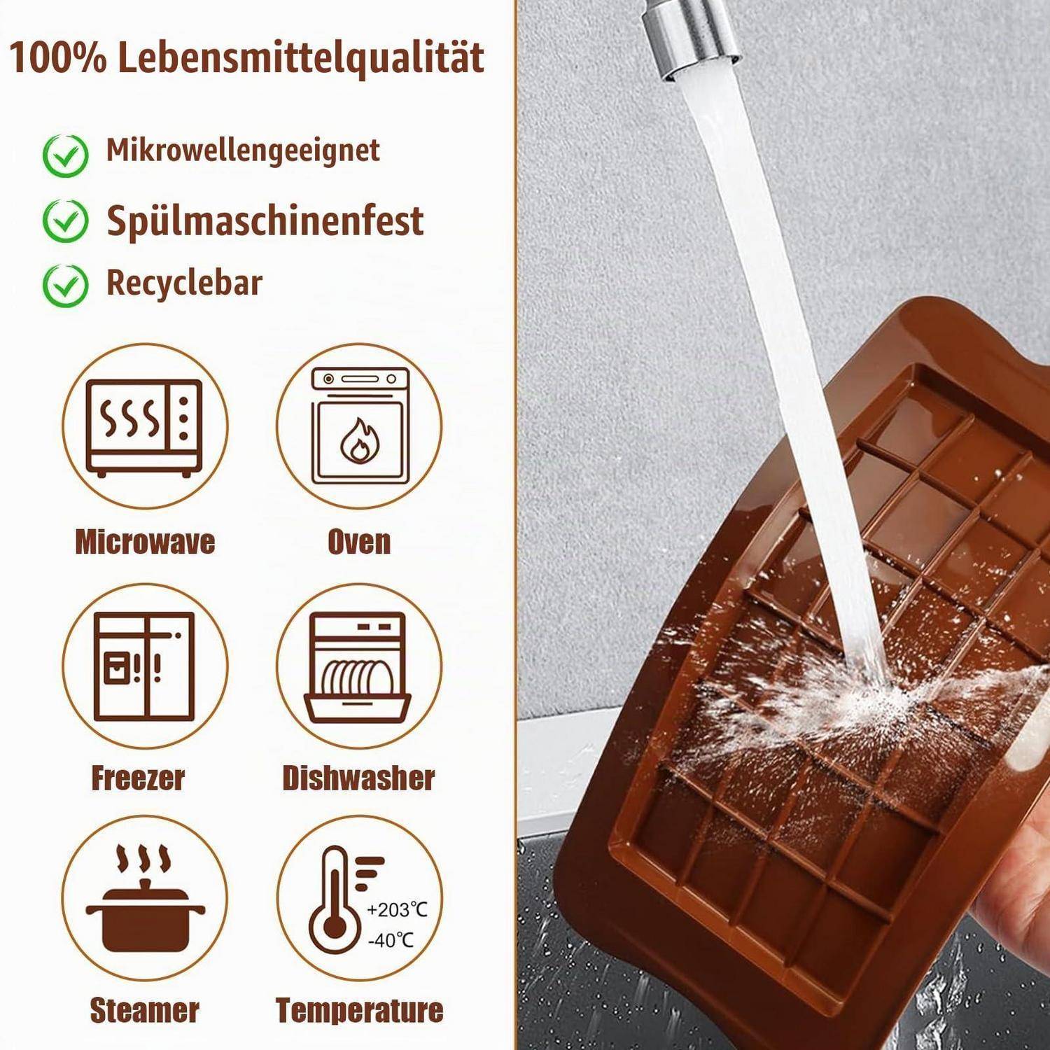 Infografik zeigt einen wiederverwendbaren, schokoladenförmigen Lebensmittelbehälter: 100% Lebensmittelqualität, mikrowellengeeignet, spülmaschinenfest, recycelbar und hitzebeständig von -40°C bis +203°C.