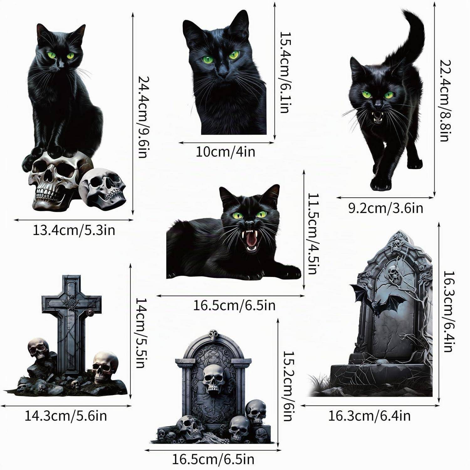 Halloween-Wandaufkleber in Größen für schwarze Katzen, Schädel und Grabsteine, mit Abmessungen in cm und Zoll.