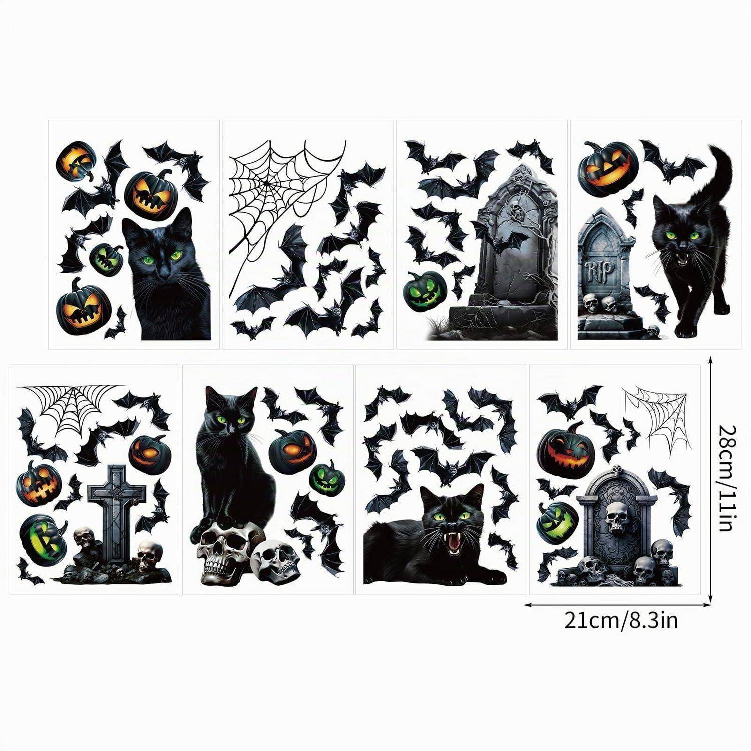Halloween-Wandtattoo-Set mit schwarzen Fledermäusen, gruseligen Katzen, Kürbissen, Schädeln, Gräbern und Spinnweben; umfasst die Größen 28 cm x 11 Zoll und 21 cm x 8,3 Zoll.