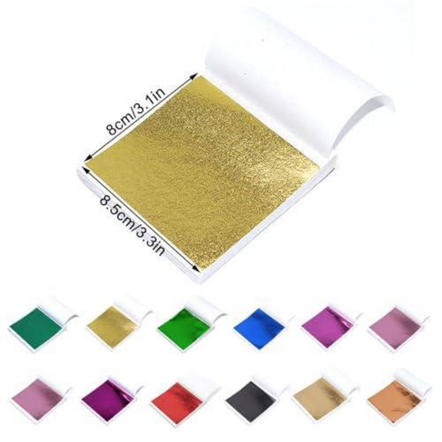 Offene Schachtel mit goldenen Glitterblättern, beschriftet 8cm/3,1in x 8,5cm/3,3in, mit mehreren unten gezeigten Farboptionen.