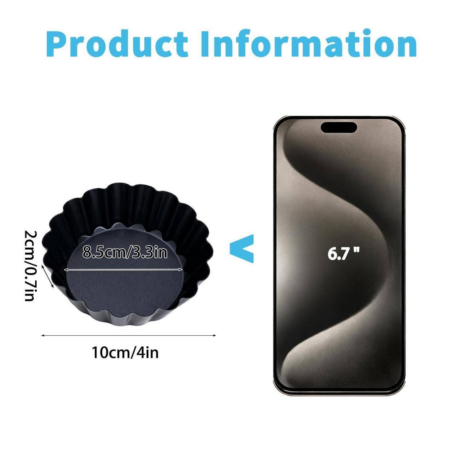 Produktinformationen-Grafik mit einer schwarzen gerillten Tarteform mit 10 cm Durchmesser, 2 cm Tiefe und 8,5 cm Bodendurchmesser, kleiner als ein 6,7-Zoll-Telefon.