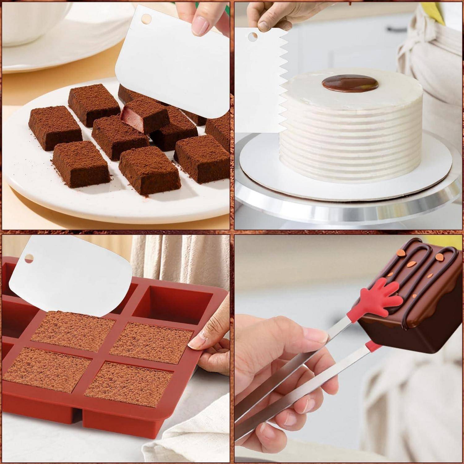 Vierteiliges Bildmotiv zeigt ein Kuchenschaber/Glasurfläschchen, das zum Schneiden von Schokoladenbrownie-Stücken, zum Glätten eines glasierten Kuchens, zum Füllen einer Dessertform und zum Ablösen eines dekorativ gestalteten Eiscreme-Riegels verwendet wird.