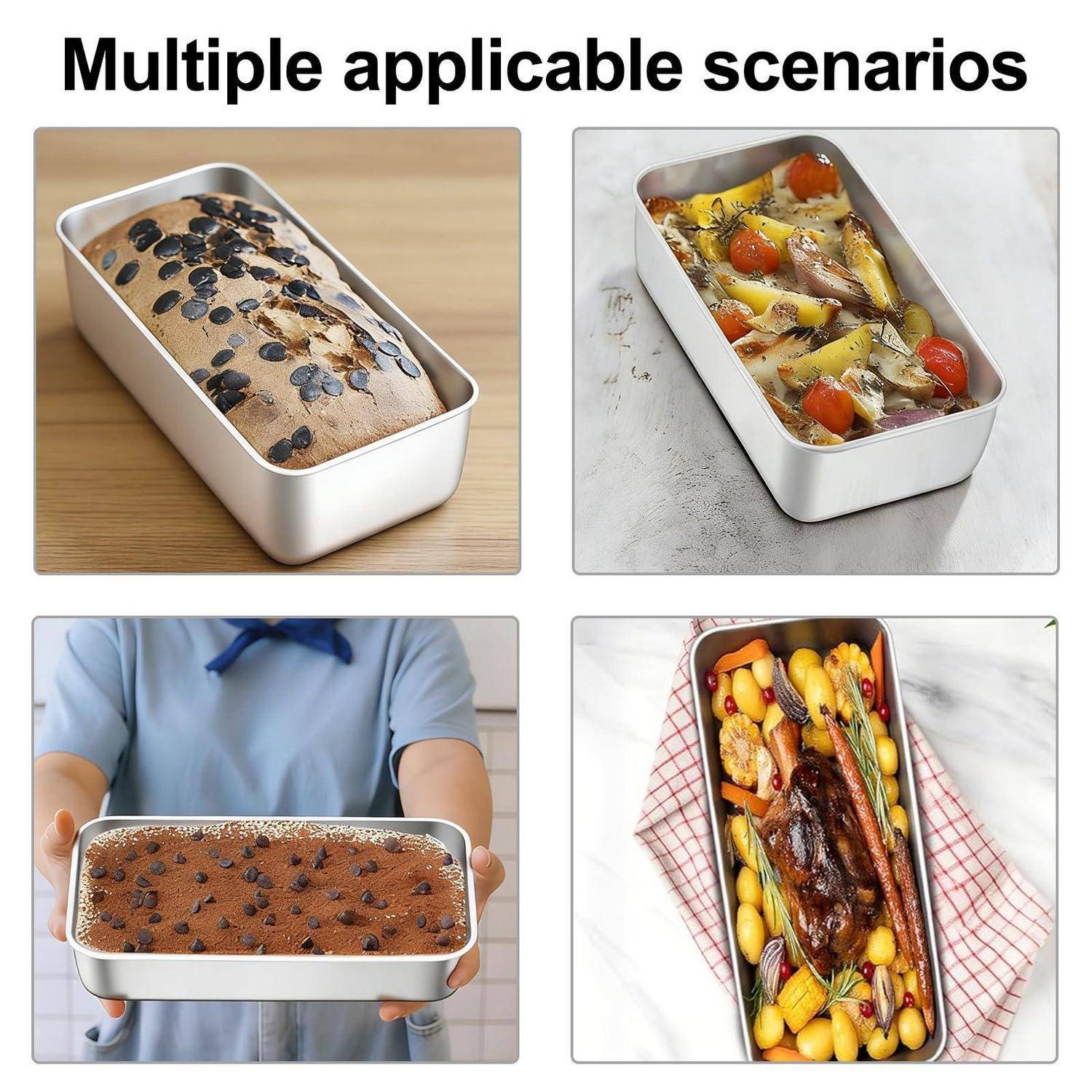 Collage mit dem Titel „Mehrere anwendbare Szenarien" mit einer rechteckigen Backform, die für Kastenform-Kuchen, gebratenes Gemüse, Brot und Braten mit Kartoffeln verwendet wird.