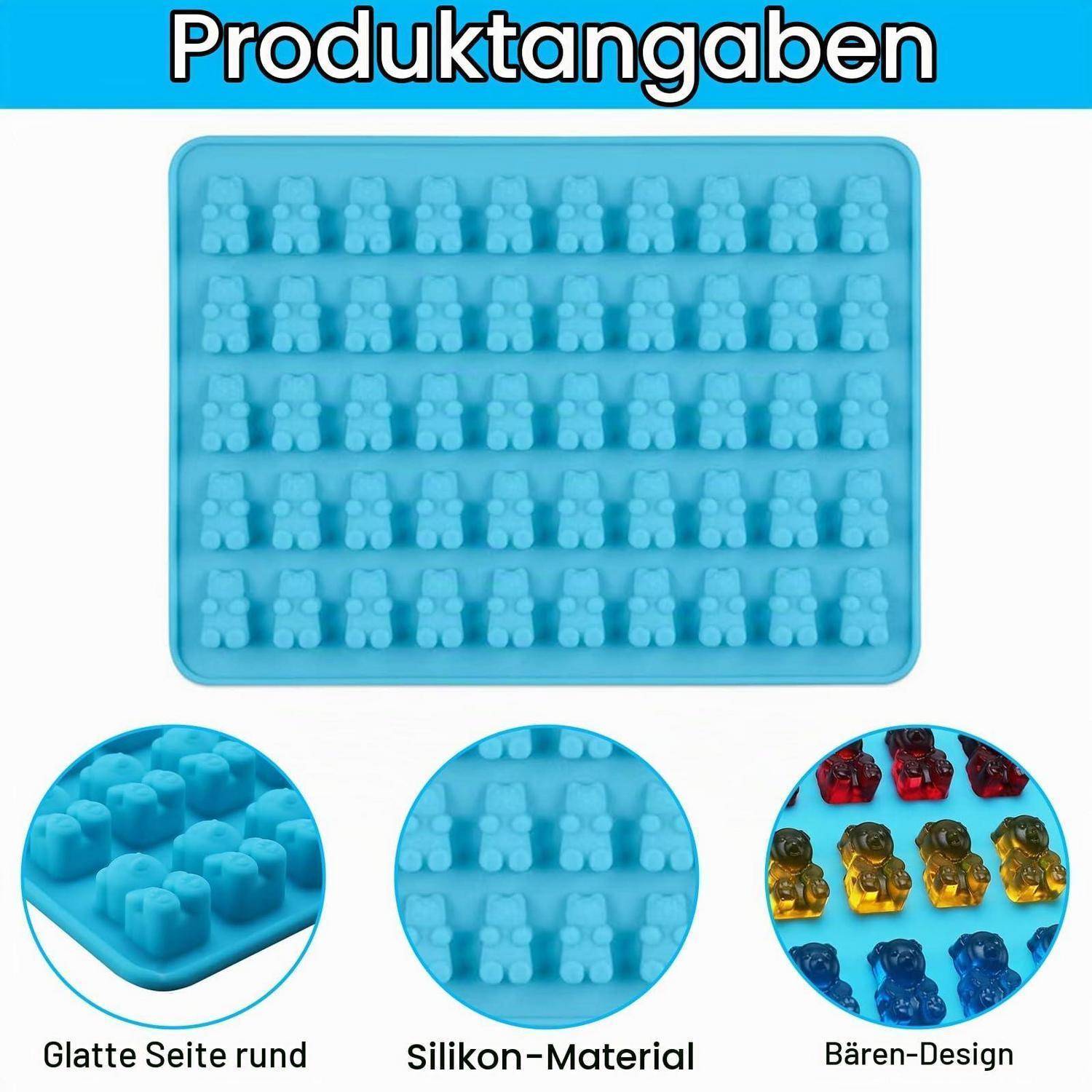 Produktbilder zeigen ein blaues Silikonformblech mit bärenförmigen Mulden, gekennzeichnet mit "Glatte Seite rund"", ""Silikon-Material"" und ""Bären-Design"" mit Nahaufnahmen.