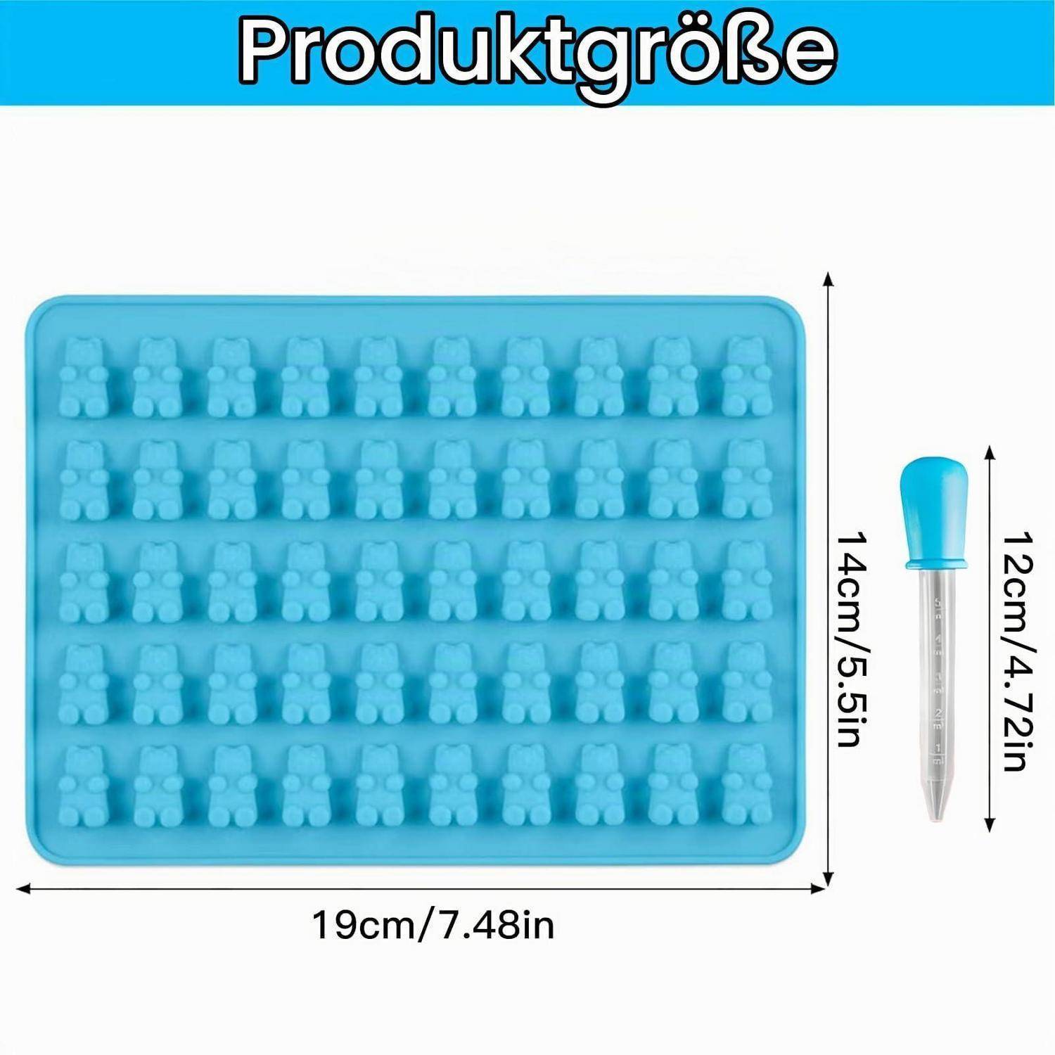 Produktgrößen-Diagramm, das eine blaue Silikon-Gummibärchen-Form mit einer Größe von 19 cm mal 14 cm und eine Pipette mit einer Höhe von 12 cm zeigt.