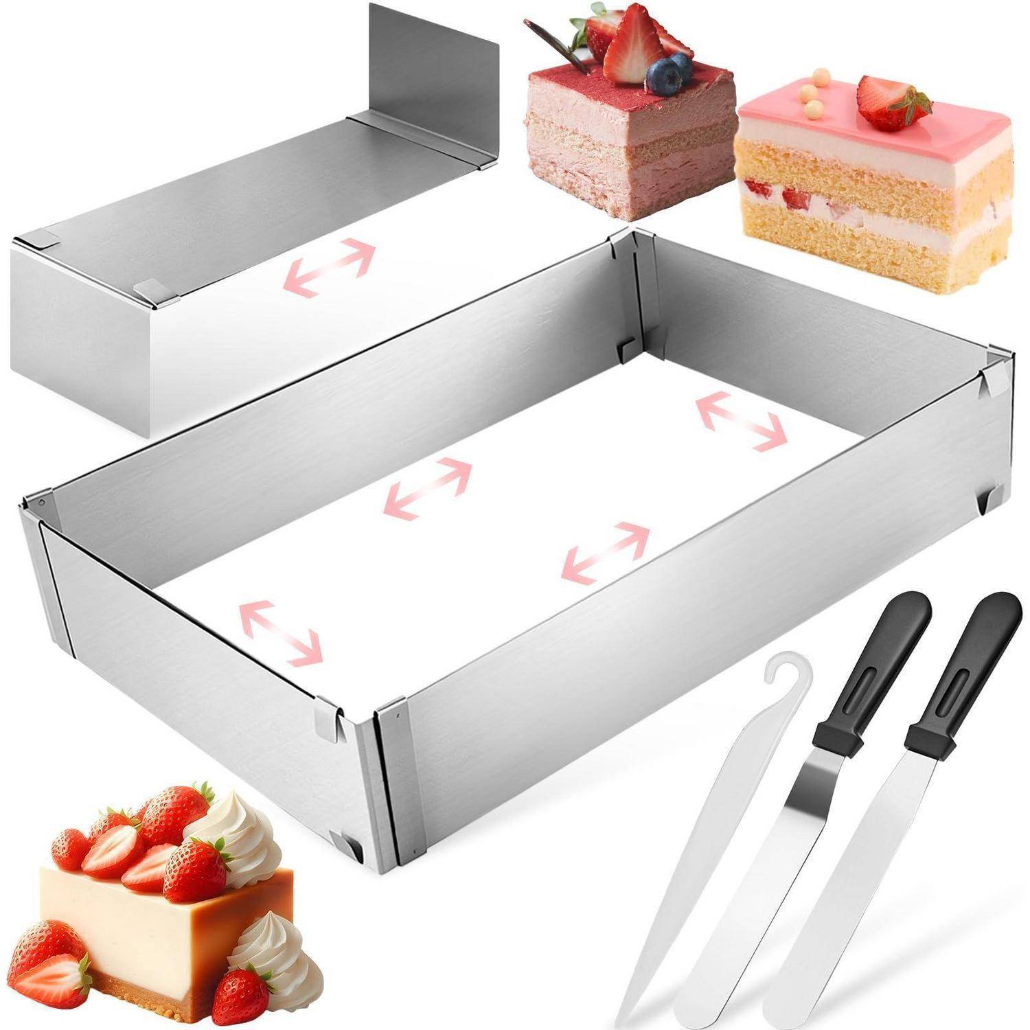 Verstellbarer rechteckiger Kuchenring aus Edelstahl mit Spachteln, abgebildet mit geschichteten Kuchen und Erdbeeren, um die Back- und Formungsanwendung zu demonstrieren.