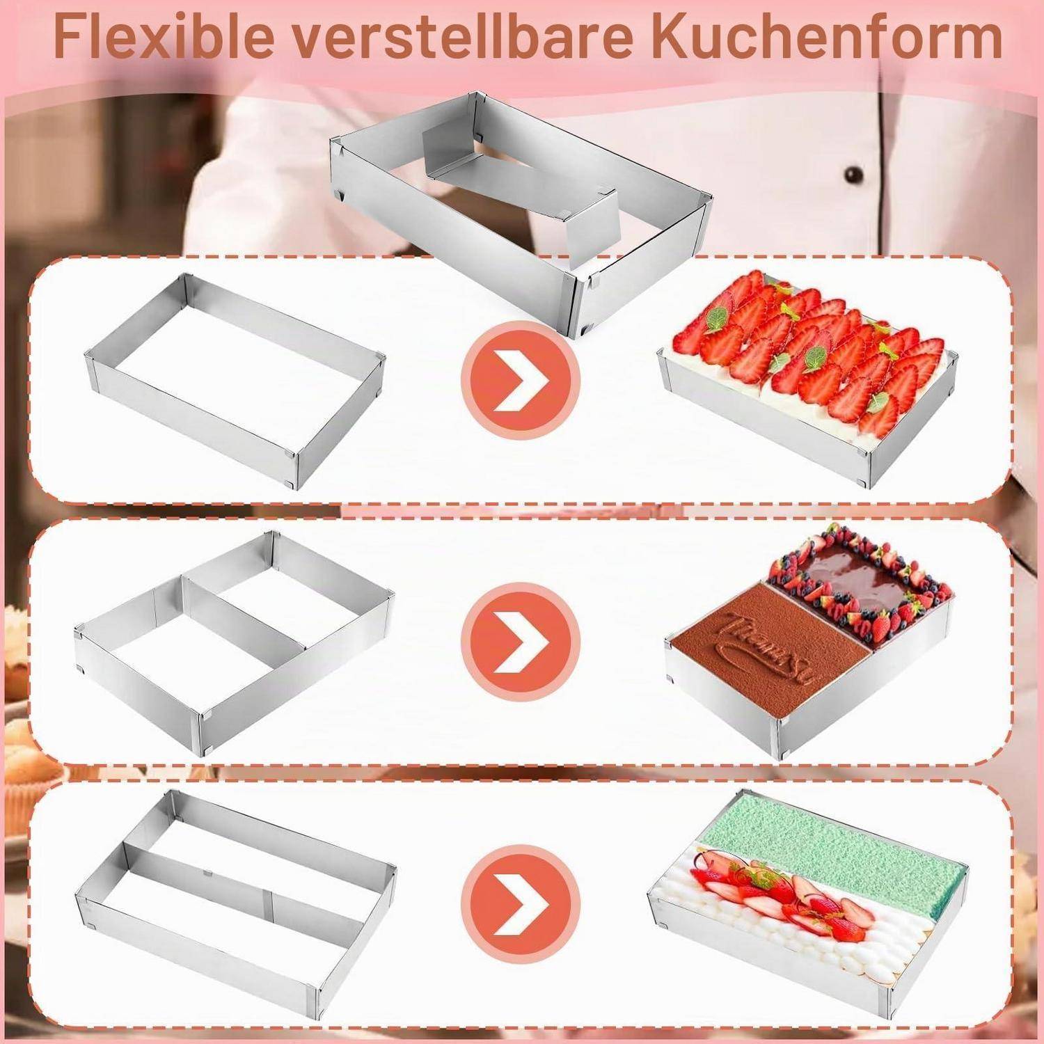 Flexible verstellbare Backform, dargestellt in drei Größen, verwendet zum Formen von rechteckigen Erdbeerkuchen, Schokoladenkuchen und cremegekrönten Kuchen.