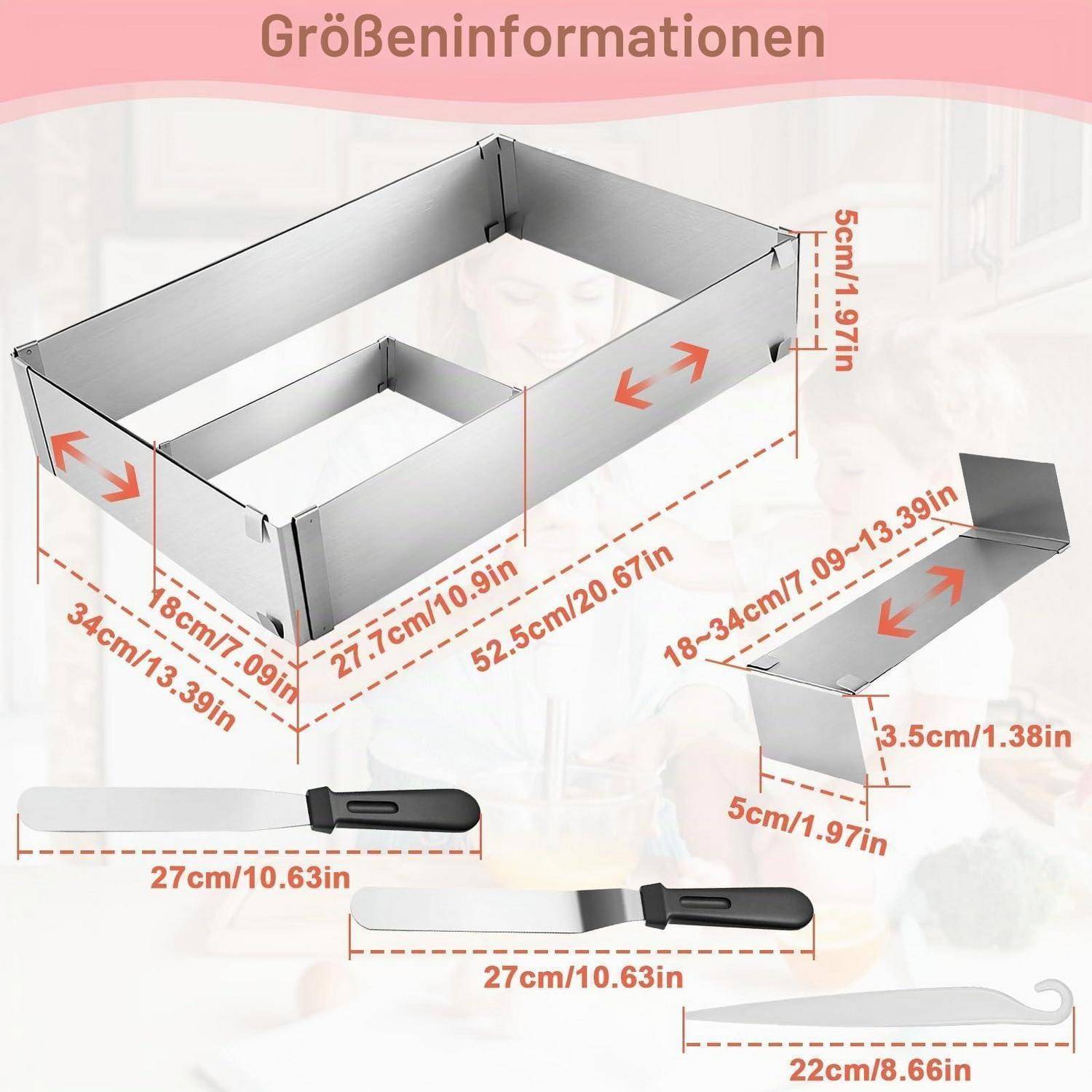 Produktgrößendiagramm mit einem rechteckigen Metalltablett: 52,5 x 34 x 5 cm mit einem inneren Bereich von 18 x 7,09 x 13,39 cm und einer Messerlänge von 27 cm.