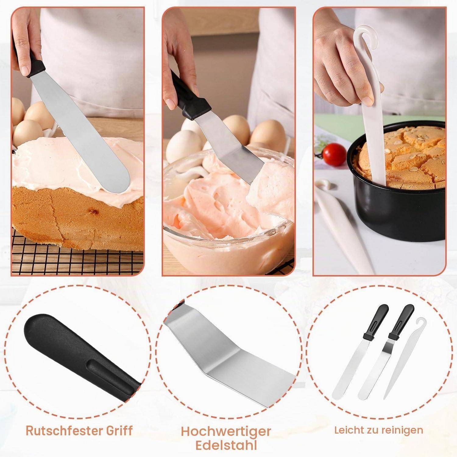 Dreiteiliges Produktbild, das einen Kuchen- und Dessertspatula zeigt, der zum Verstreichen von Glasur, zum Falten von Teig und zum Mischen von Teig in einer Pfanne verwendet wird; darunter sind Nahaufnahmen des Spatelgriffs, der Klinge und ein Satz von zwei Spatel mit deutschen Beschriftungen.