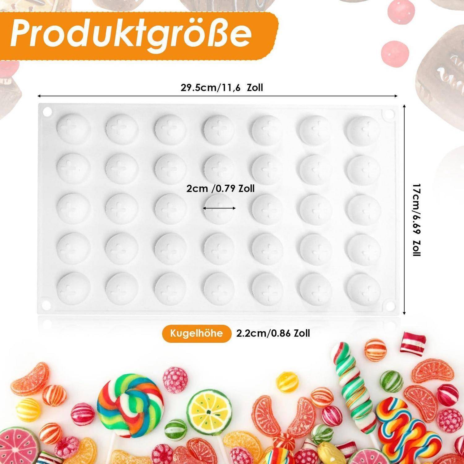 Produktgrößendiagramm einer rechteckigen Form, gekennzeichnet mit 29,5 cm x 17 cm, mit runden Vertiefungen 2 cm breit und 2,2 cm tief; Muster von bunten fertigen Bonbons werden unten gezeigt.