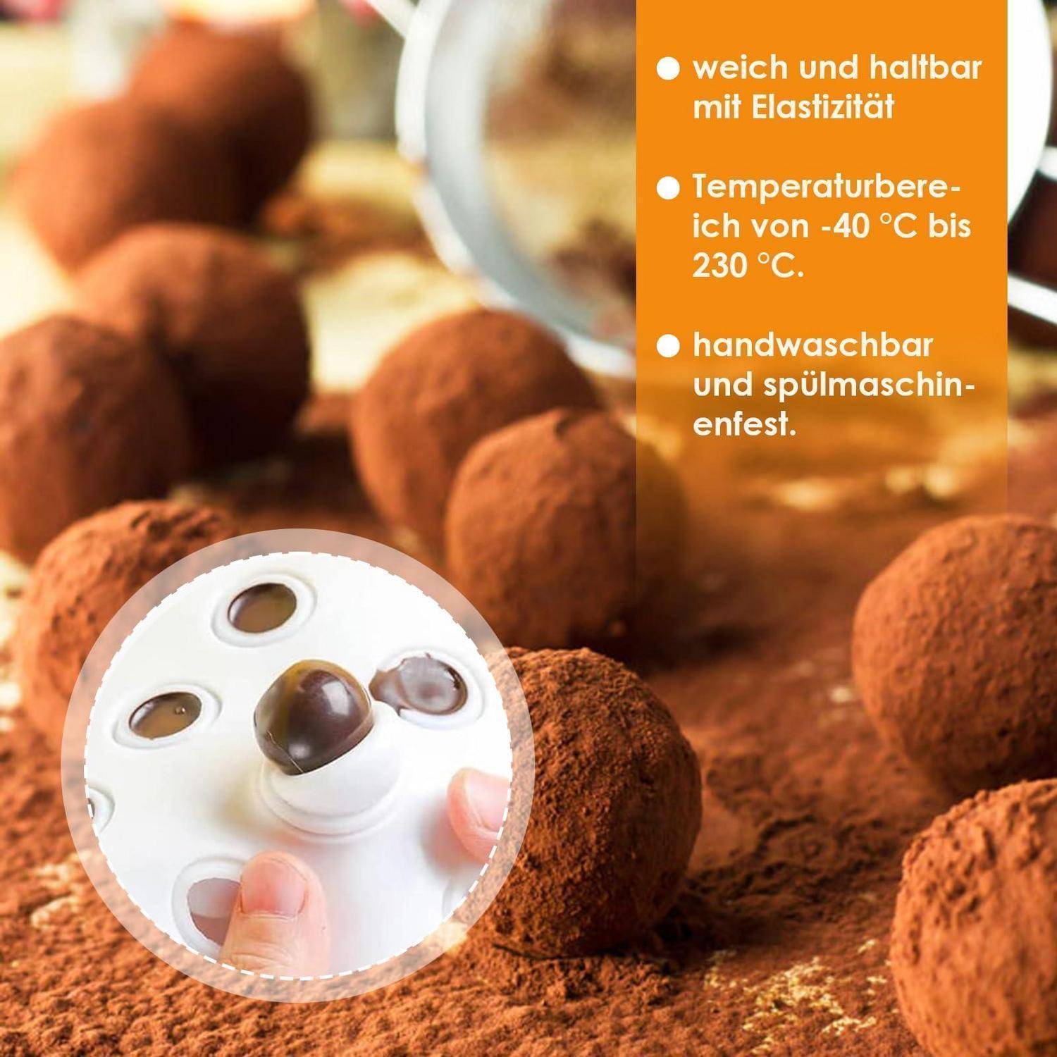 Nahaufnahme von Silikonschokoladenform-Kugeln, die gedrückt werden; der Text hebt die flexible, langlebige Temperaturbeständigkeit von -40°C bis 230°C und die Spülmaschinen- und Handwäsche-Eignung hervor.