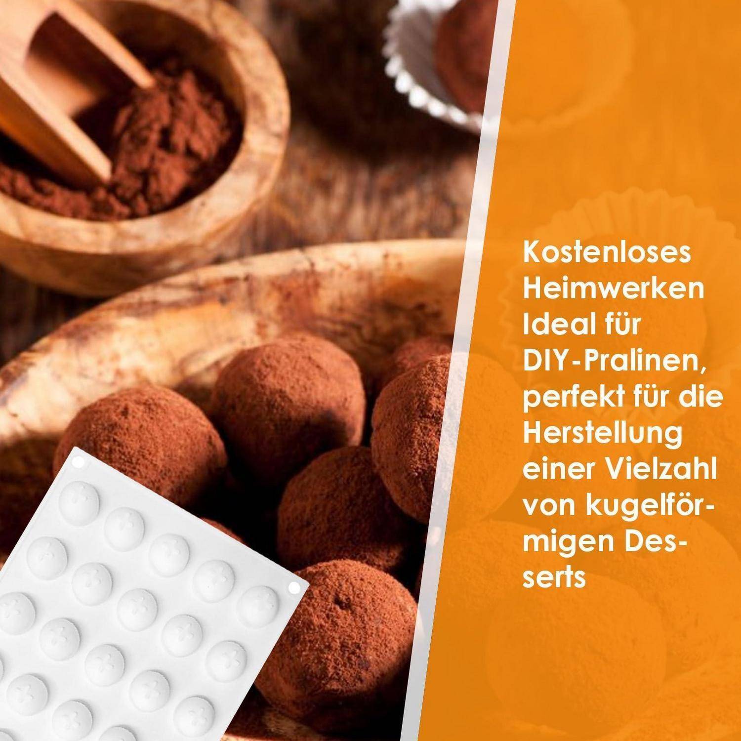 DIY-Schokoladentrüffel mit Kakaopulver bestäubt auf einem Holztablett, daneben eine leere weiße Form; der deutsche Text besagt, dass die kostenlose Vorlage ideal zur Herstellung vieler kugelförmiger Desserts ist.