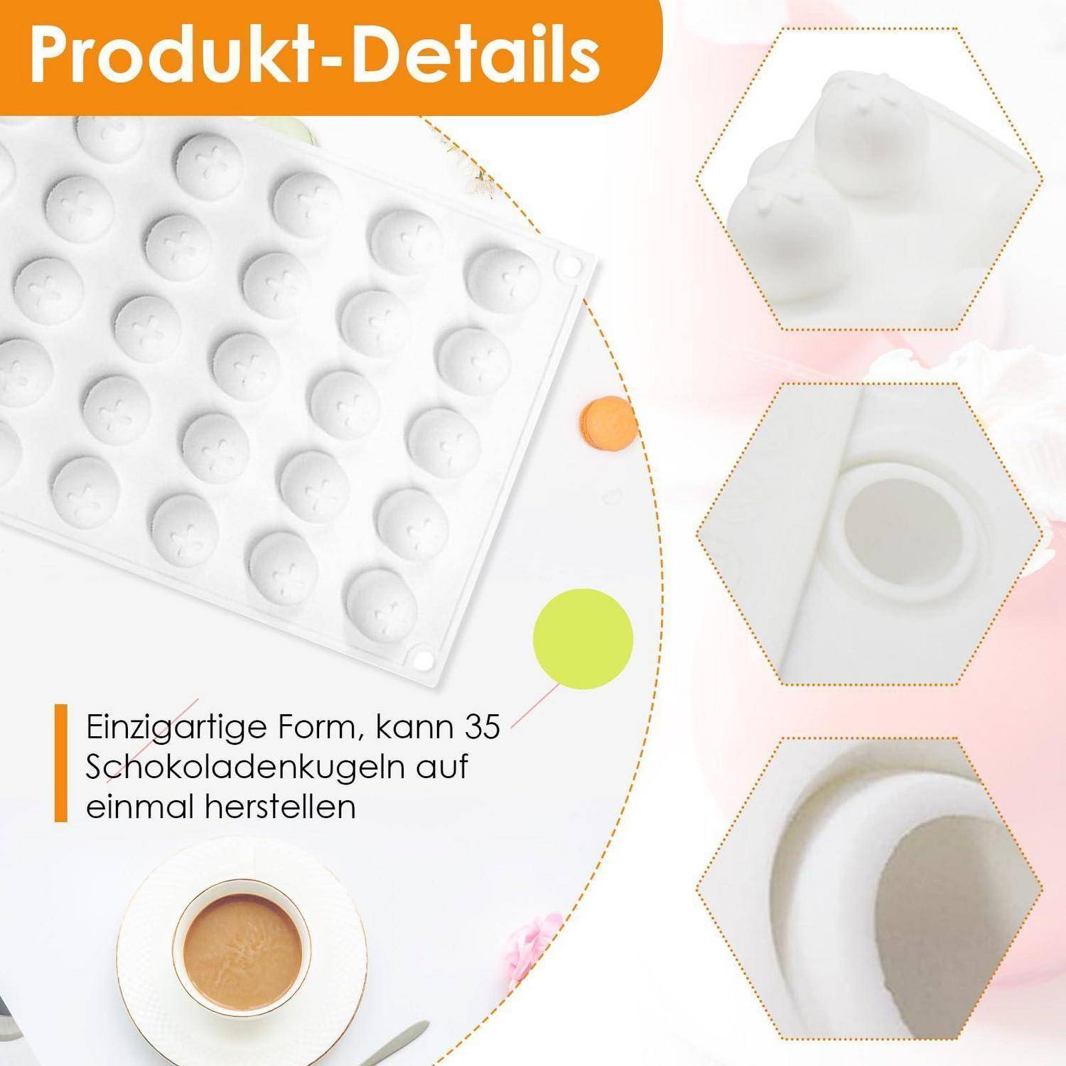 Produktdetail-Grafik zeigt ein weißes Gussform-Tablett für die gleichzeitige Herstellung von 35 Schokoladenbällen, mit Nahaufnahmen der Formform und fertigen runden Pralinen.