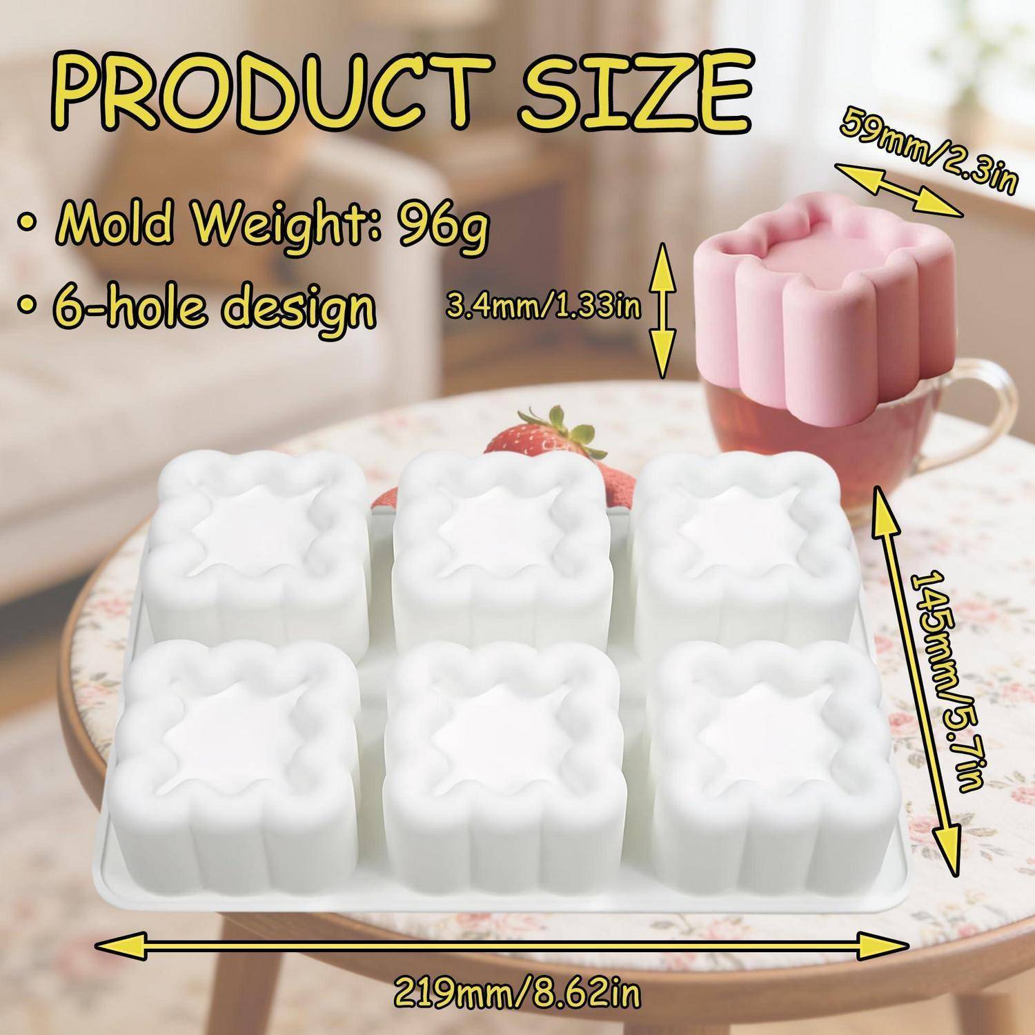 Produktgrößen-Diagramm, das eine 6-Loch-Form mit einem Gewicht von 96 g, den Abmessungen 219 mm x 145 mm x 59 mm und einer Wandstärke von 3,4 mm zeigt.