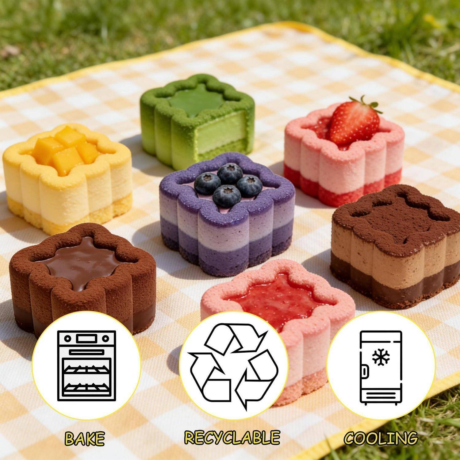 Assortierte bunte würfelförmige Dessert-Häppchen auf einem Picknick-Tuch, mit Symbolen, auf denen „BACKEN", „RECYCELBAR"" und „KÜHLUNG"" zu lesen sind.