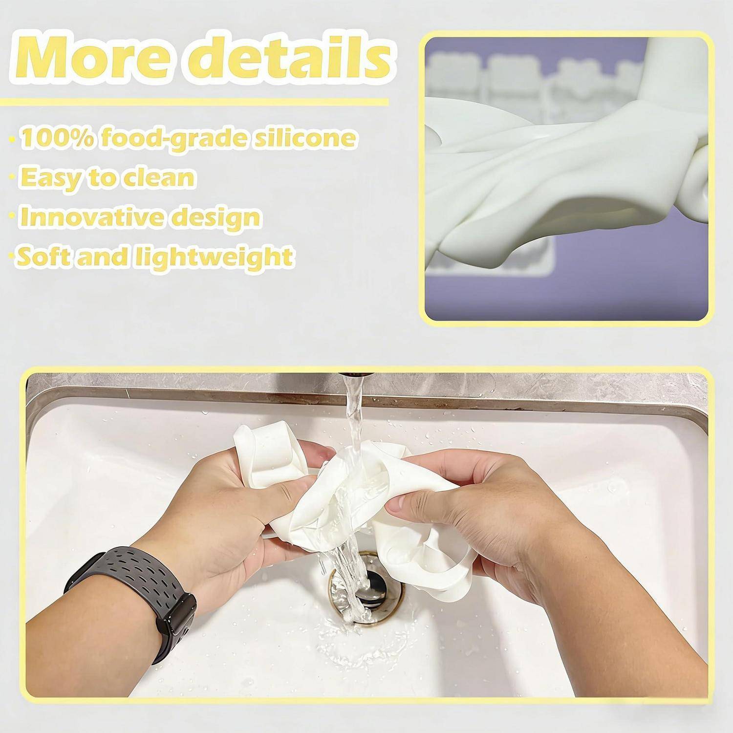 Werbebild eines weißen Silikonsieb oder Schrubbers für die Spüle, der unter Wasser gespült wird, mit Text, der "100% lebensmittelechtes Silikon"", einfache Reinigung und weiches, leichtes Design hervorhebt.
