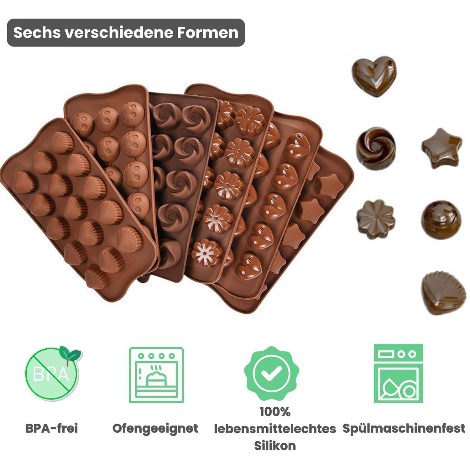 Silikon-Schokoladenform-Set mit 6 verschiedenen Pralinenformen; zeigt BPA-frei, ofen- und spülmaschinengeeignet, lebensmittelechtes Silikon.