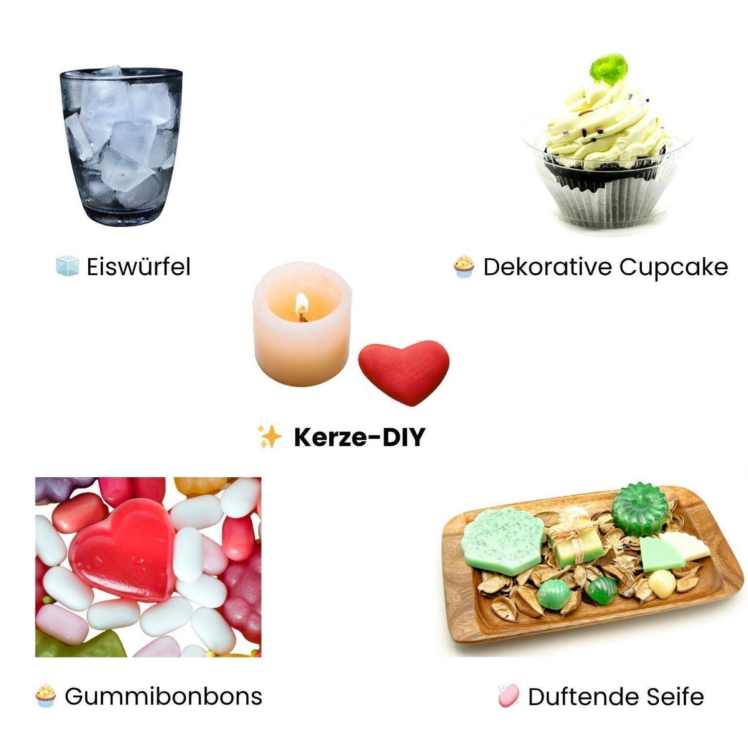 Collage von beschrifteten Objekten: Eiswürfel, dekorativer Cupcake, DIY-Kerze, Gummibonbons und duftende Seife.