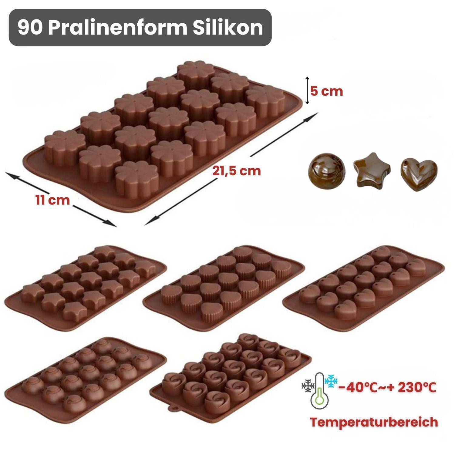 Braune Silikonschokoladenform mit der Bezeichnung „90 Pralinenform Silikon