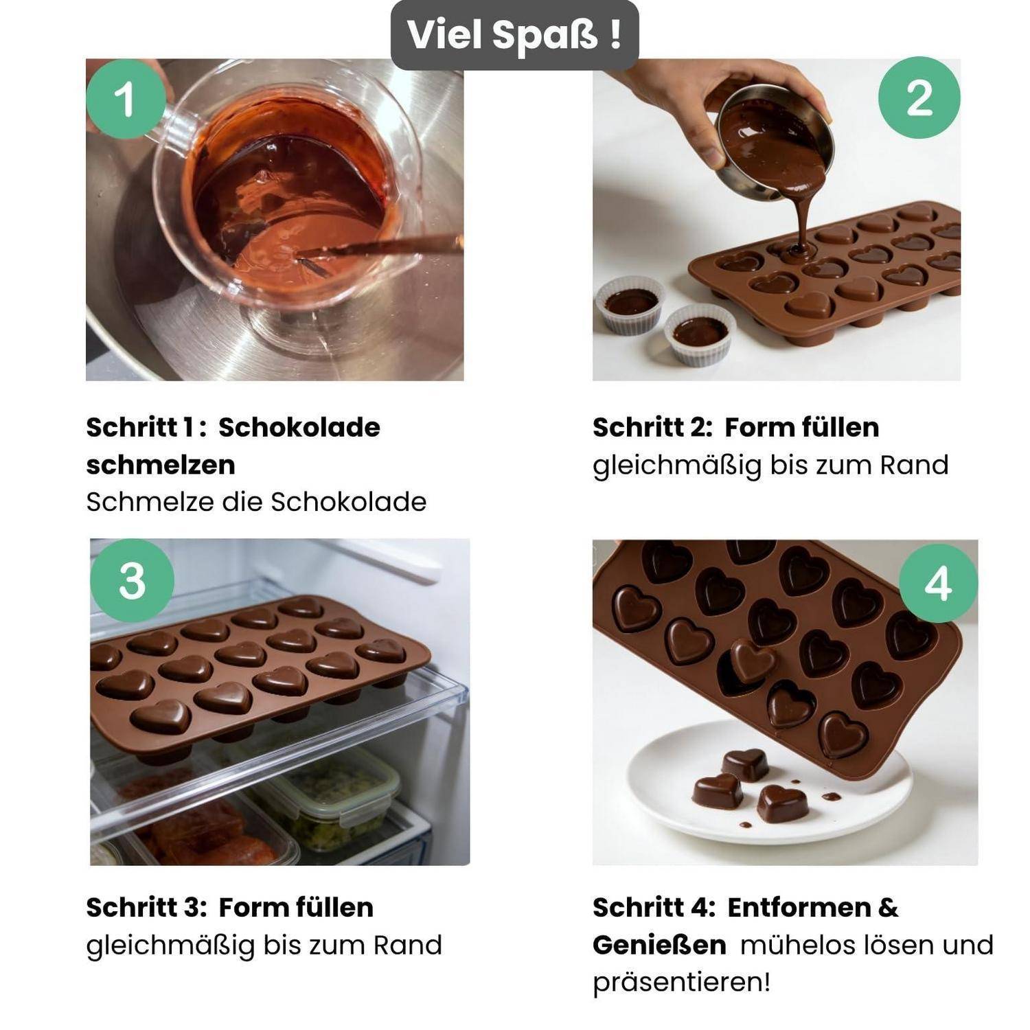 Vierstufiger Anleitung für deutsche Schokoladenherz-Formen: Schokolade schmelzen, herzförmige Formen gleichmäßig füllen, kühlen, dann ausformen und servieren.