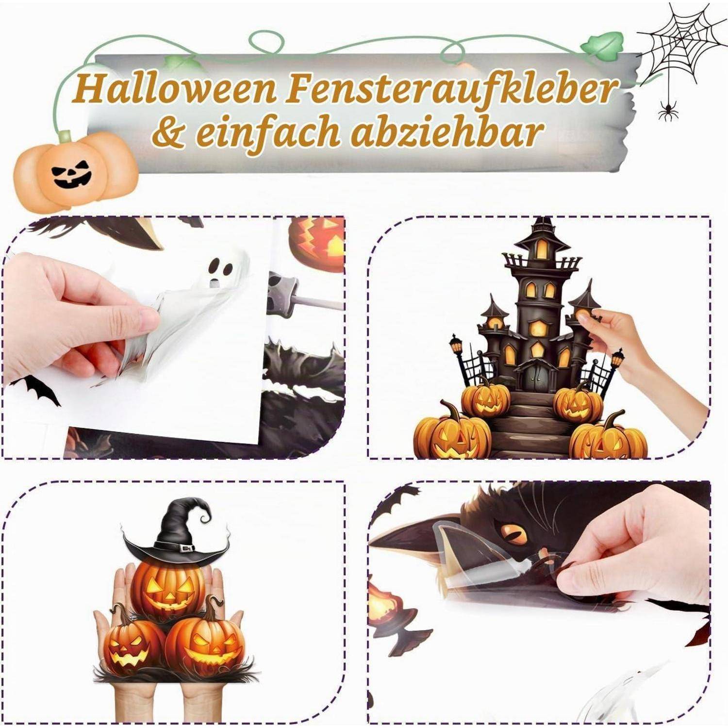 Collage mit Halloween-Fensteraufklebern: leicht abziehbare Aufkleber mit Kürbissen, einem Spukhaus und einem Hexenhut, gekennzeichnet mit dem deutschen Text „Halloween Fensteraufkleber & einfach abziehbar".