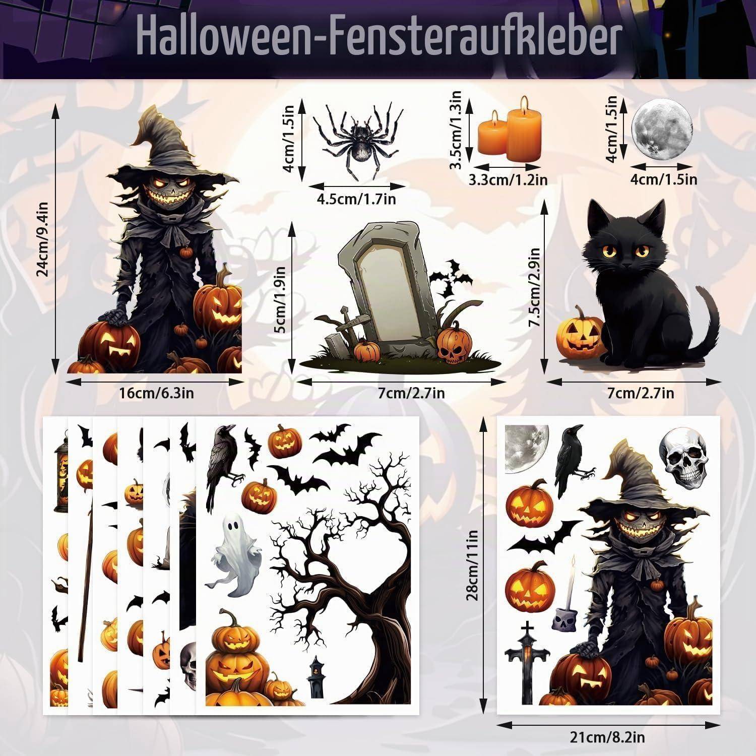 Halloween Fensteraufkleber mit Hexe, schwarzer Katze, Kürbissen, Spinne, Grabstein, Kerzen, Fledermäusen, Mond, Schädel, Baum und Geistern mit Größenangaben