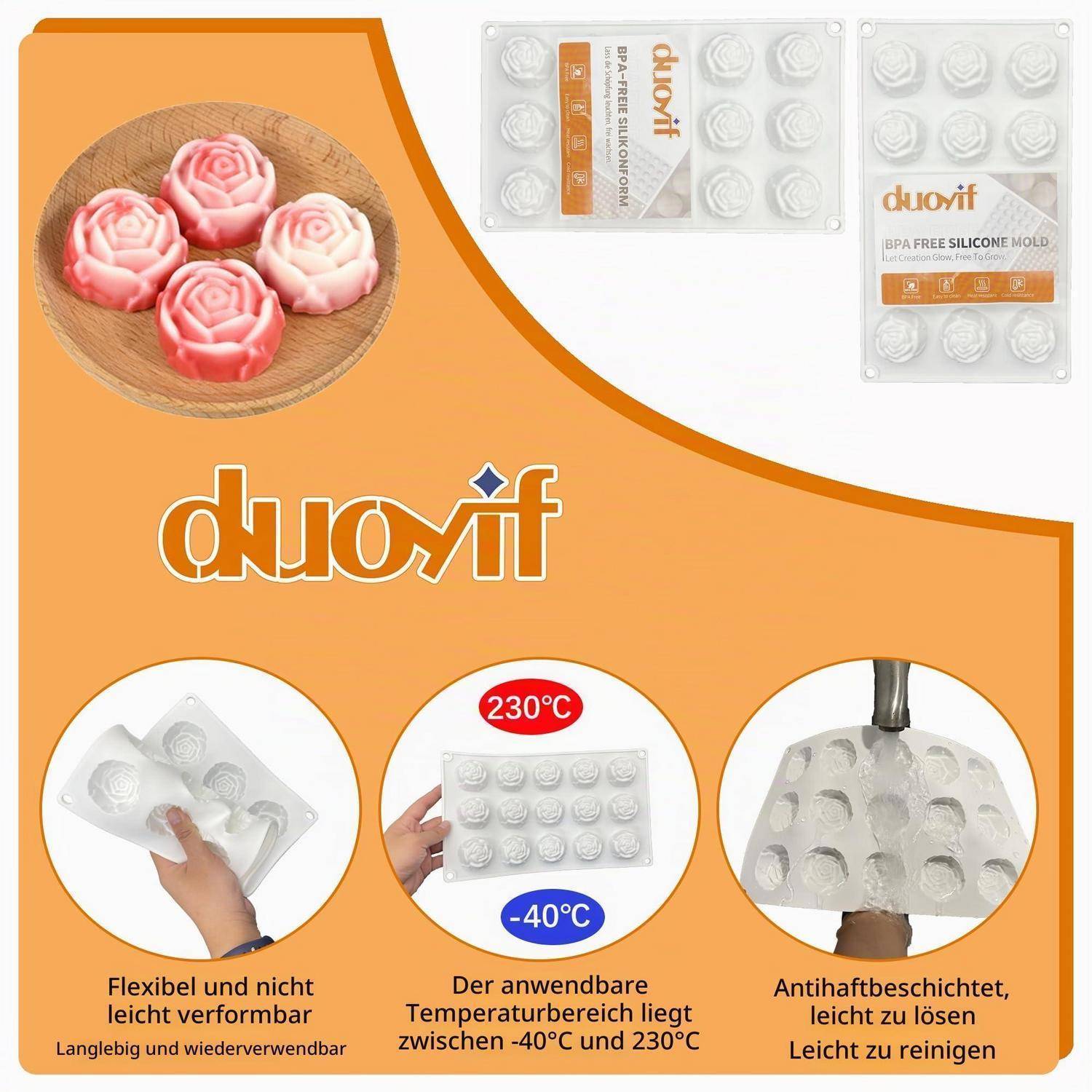 Werbebilder für eine duofit BPA-freie Silikonform, die rosa rosenförmige Desserts und das flexible, antihaftbeschichtete, hitzebeständige Design der Form zeigt (-40°C bis 230°C).