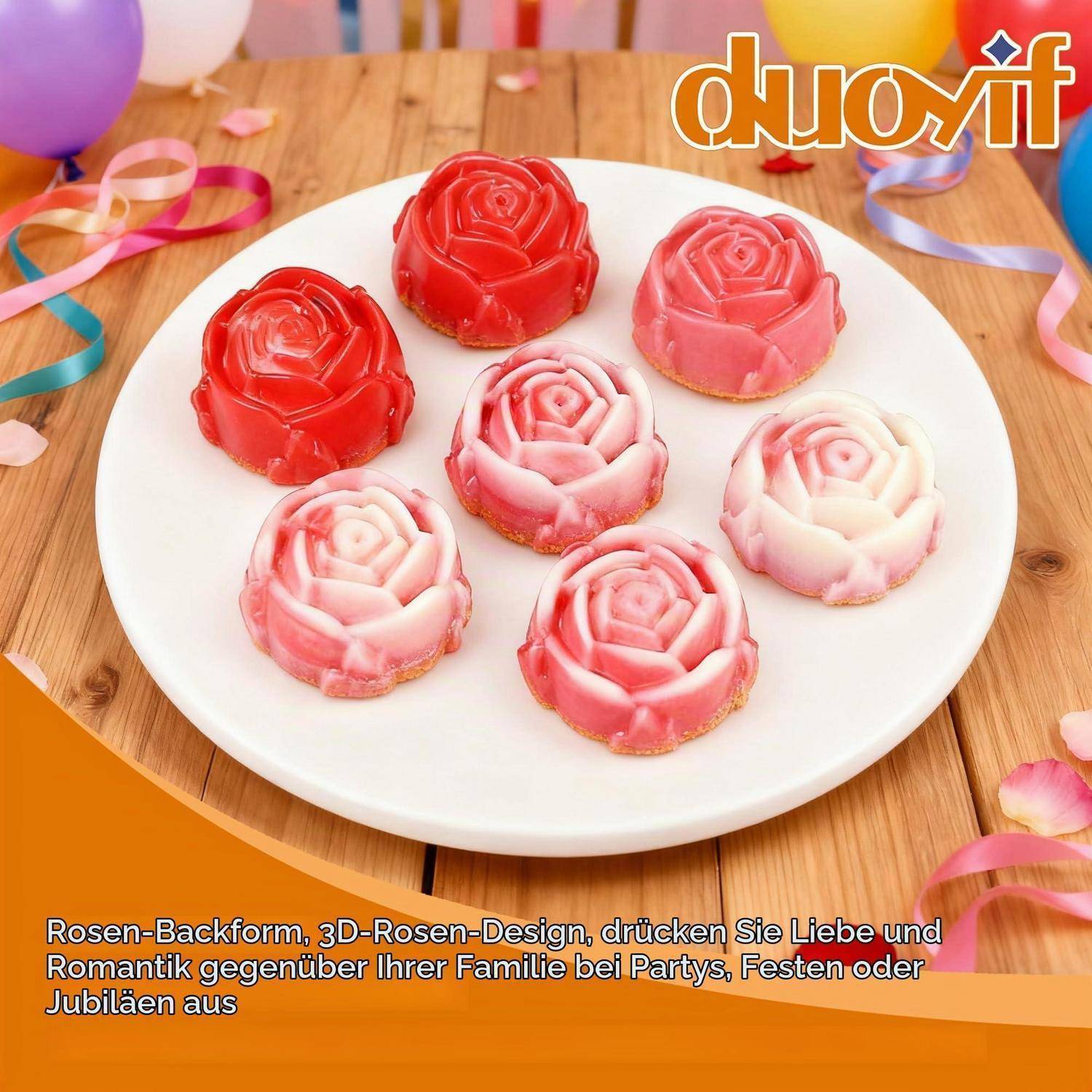 Weißer Teller mit sieben rosenförmigen Gelee-Desserts in Rot und Rosa auf einem Partytisch mit Bändern und Ballons; deutscher Text bewirbt Rosen-Backformen.