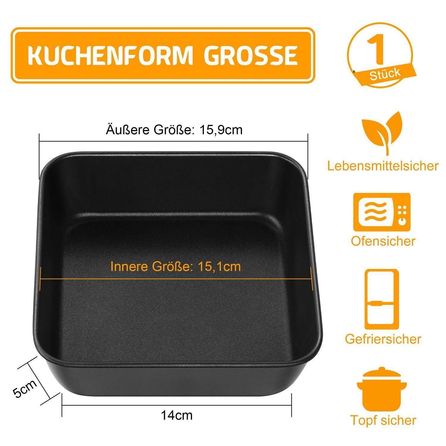 Bild einer schwarzen quadratischen Backform mit Größenangaben: außen 15,9 cm, innen 15,1 cm, Boden 14 cm, Höhe 5 cm; gekennzeichnet als lebensmittelecht, backofensicher, gefrierschrankgeeignet und topfsicher.