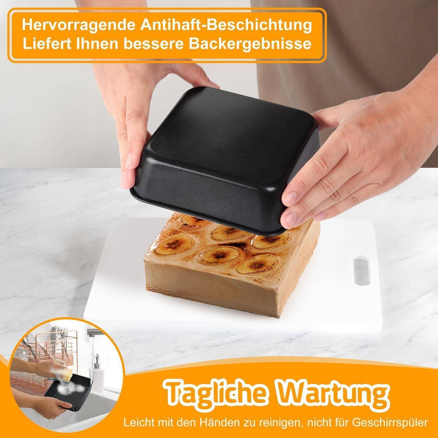 Hände stülpen eine schwarze antihaftbeschichtete Kastenform über einen gebackenen Laib; deutscher Text sagt „Hervorragende Antihaftbeschichtung", „Leichte Pflege"" und „Nur von Hand waschen"".