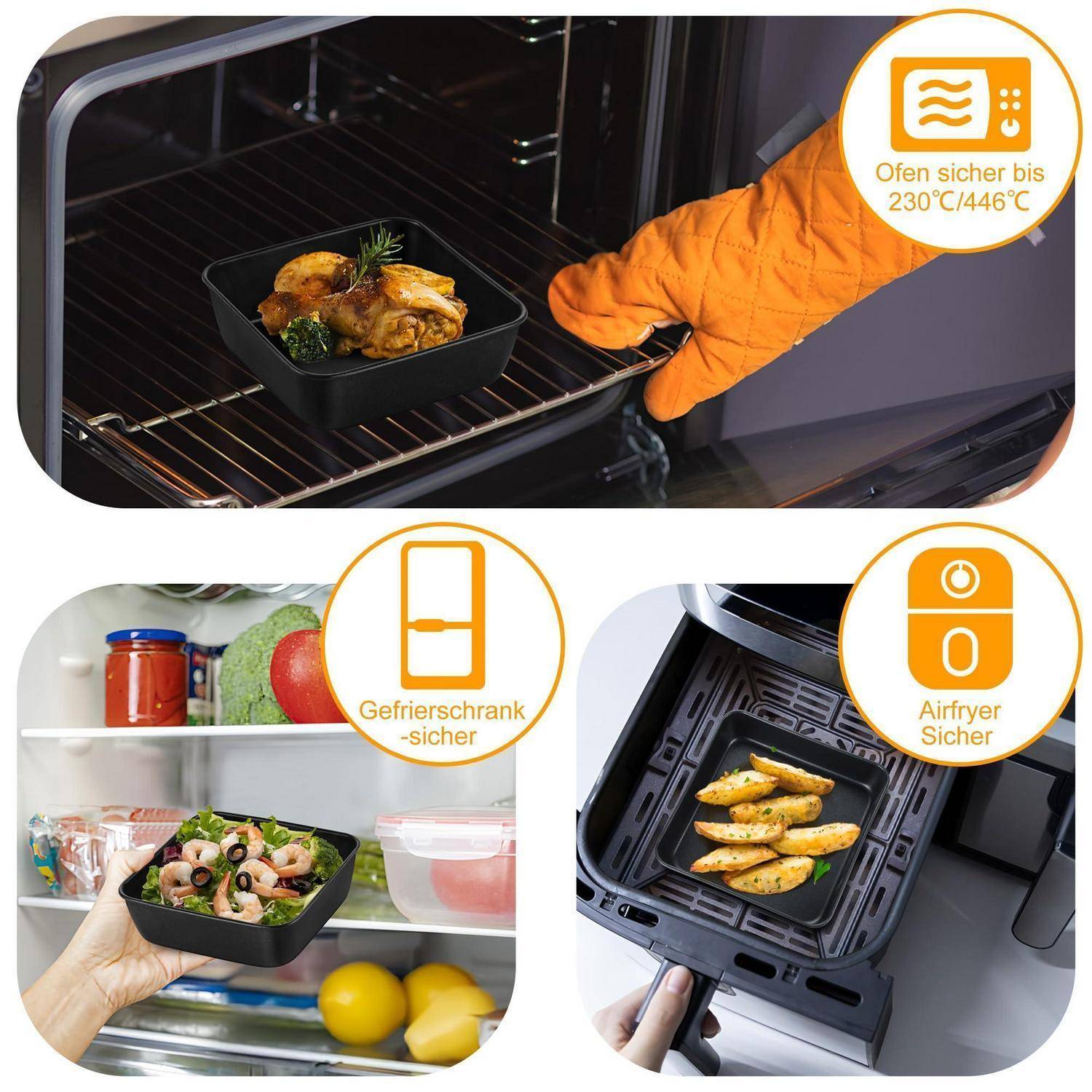 Collage mit einem wiederverwendbaren Lebensmittelbehälter, der sicher im Ofen, Gefrierschrank und der Heißluftfritteuse verwendet wird, mit Bezeichnungen wie „Ofensicher bis 230°C/446°F", „Gefrierschrankgeeignet"" und „Heißluftfritteuse-geeignet"".