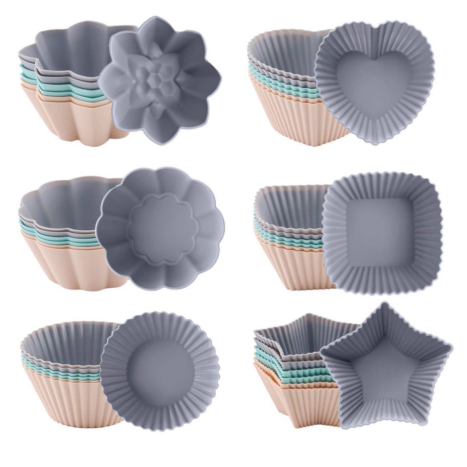 Satz aus pastellfarbenen Silikon-Backformen in sechs Formen – Blume, Herz, Muschel, Quadrat, Rund und Stern – gestapelt und offen angeordnet, um das Design zu zeigen.