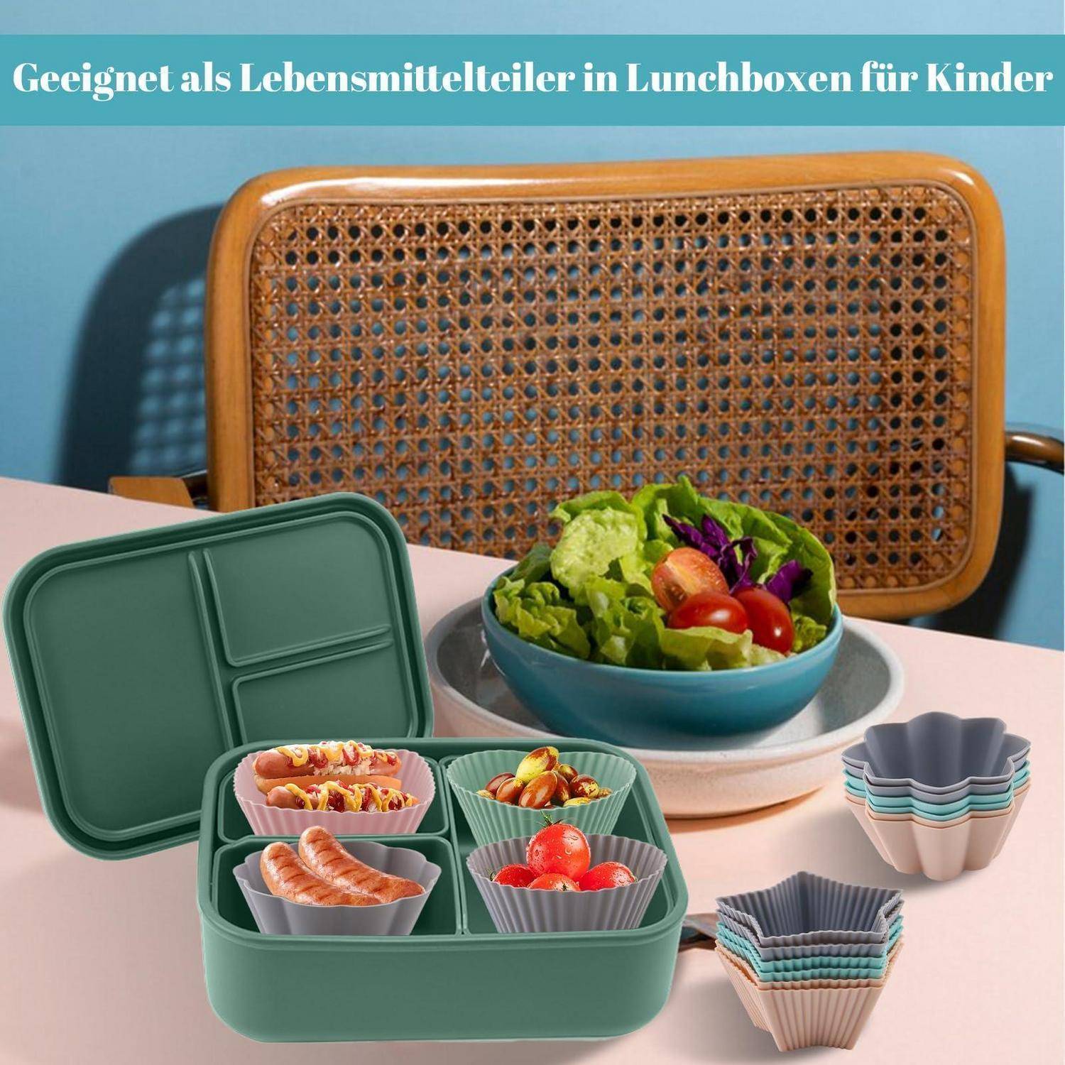Grüne Lunchbox mit vier unterteilten Snack-Bechern, einer Salatschüssel und gestapelten Silikon-Muffinbechern; deutscher Text sagt „Geeignet als Lebensmittelteiler in Lunchboxen für Kinder".