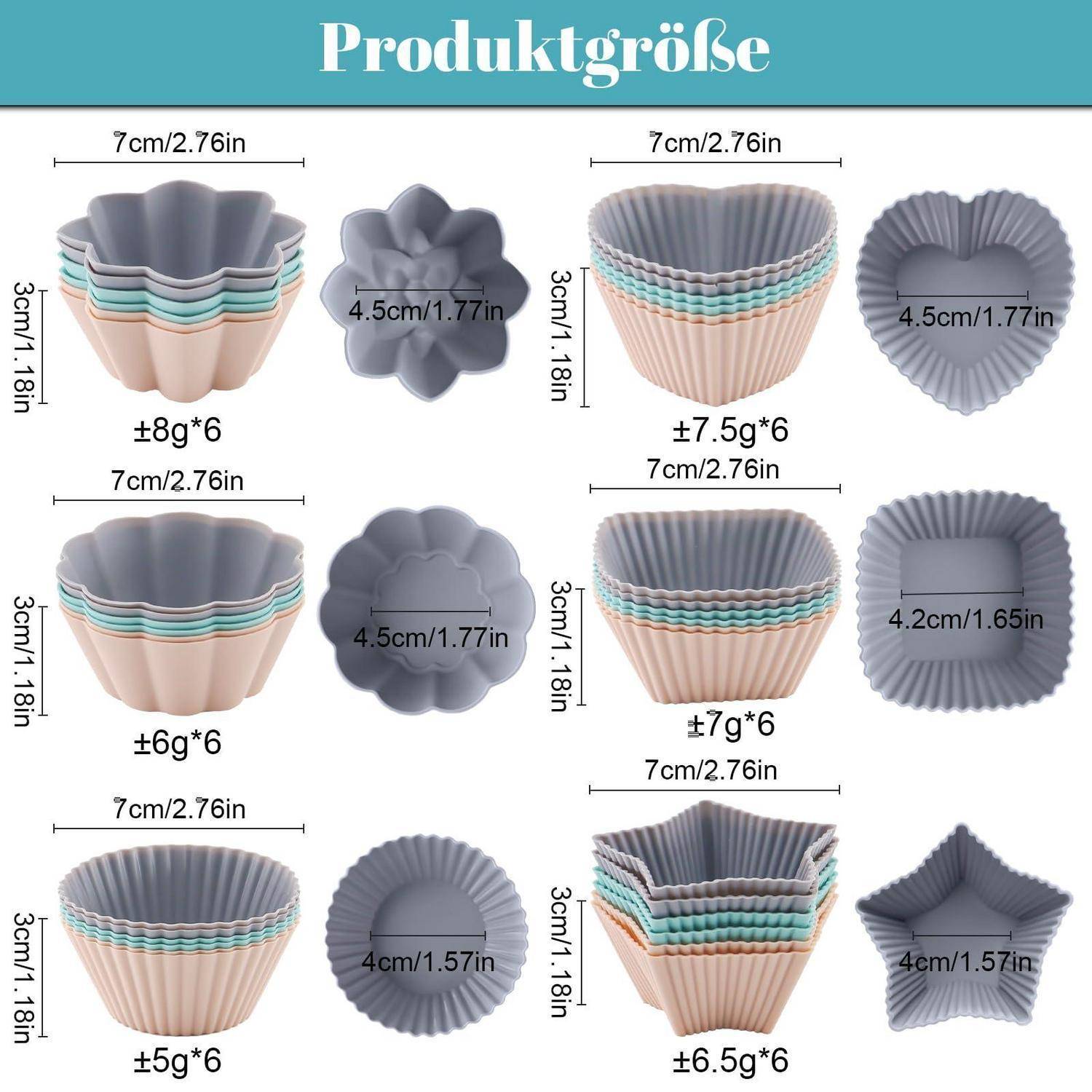 Größentabelle für Produkte, die mehrere gerillte Silikonformen in Stern-, Blumen-, Rund- und Quadratformen zeigt, jede etwa 7 cm breit und 3 cm hoch mit Kapazitäten von ±5g bis ±8g.